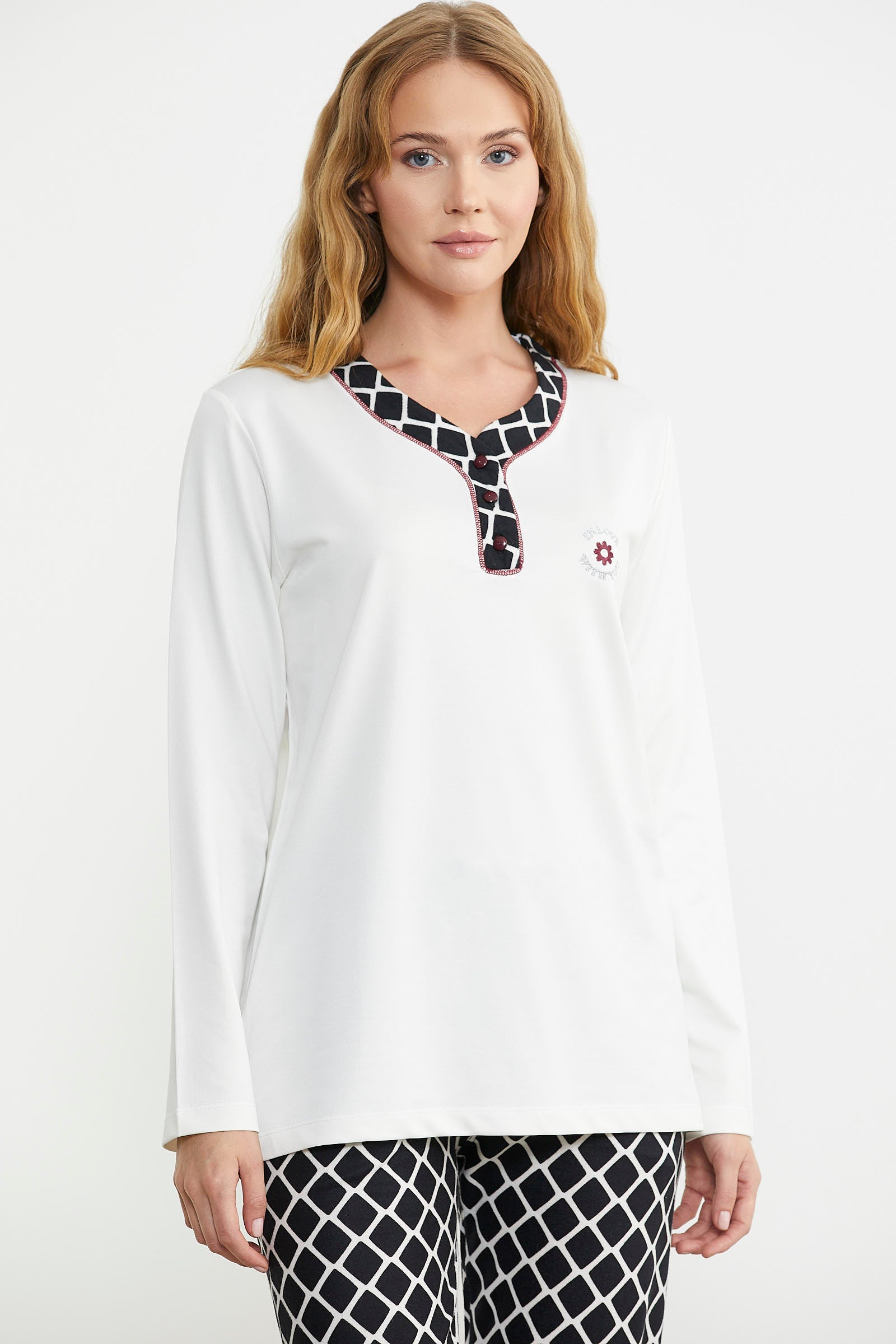 Kareli Çift Renk Pijama Takım - Ekru - Sementa