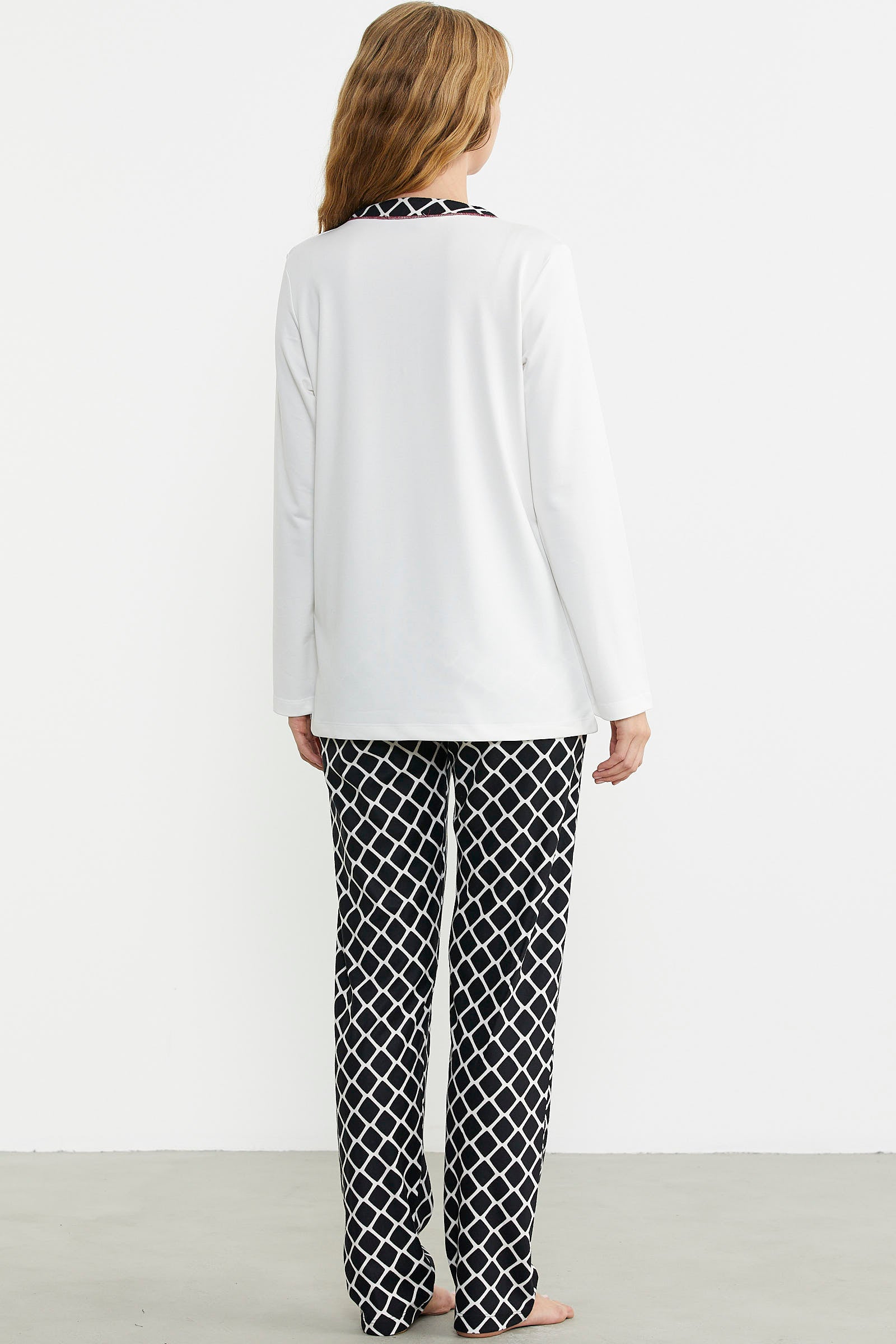 Kareli Çift Renk Pijama Takım - Ekru - Sementa