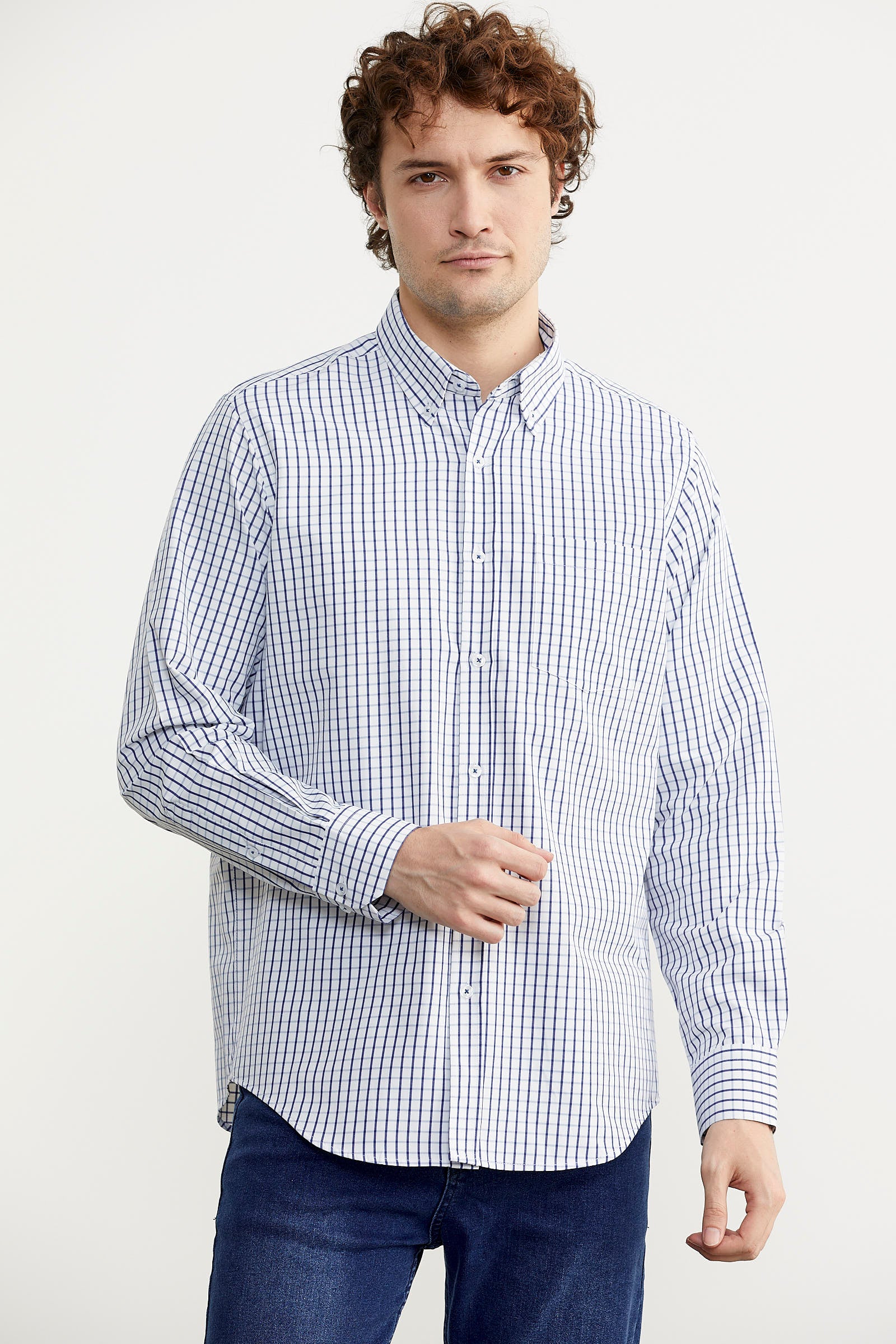 Kareli Uzun Kol Cepli Gömlek - Saks (2) Sementa