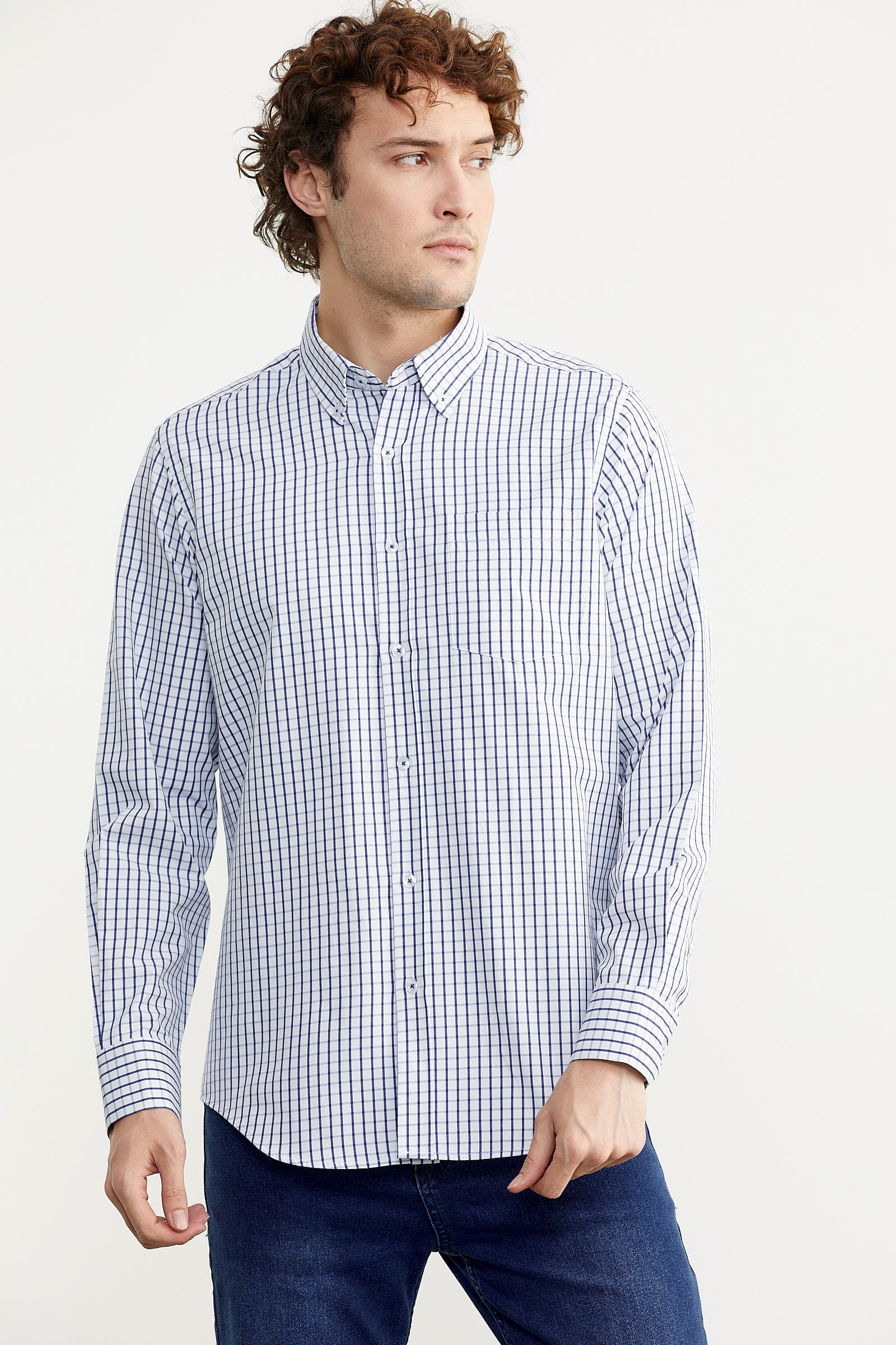 Kareli Uzun Kol Cepli Gömlek - Saks (3) Sementa