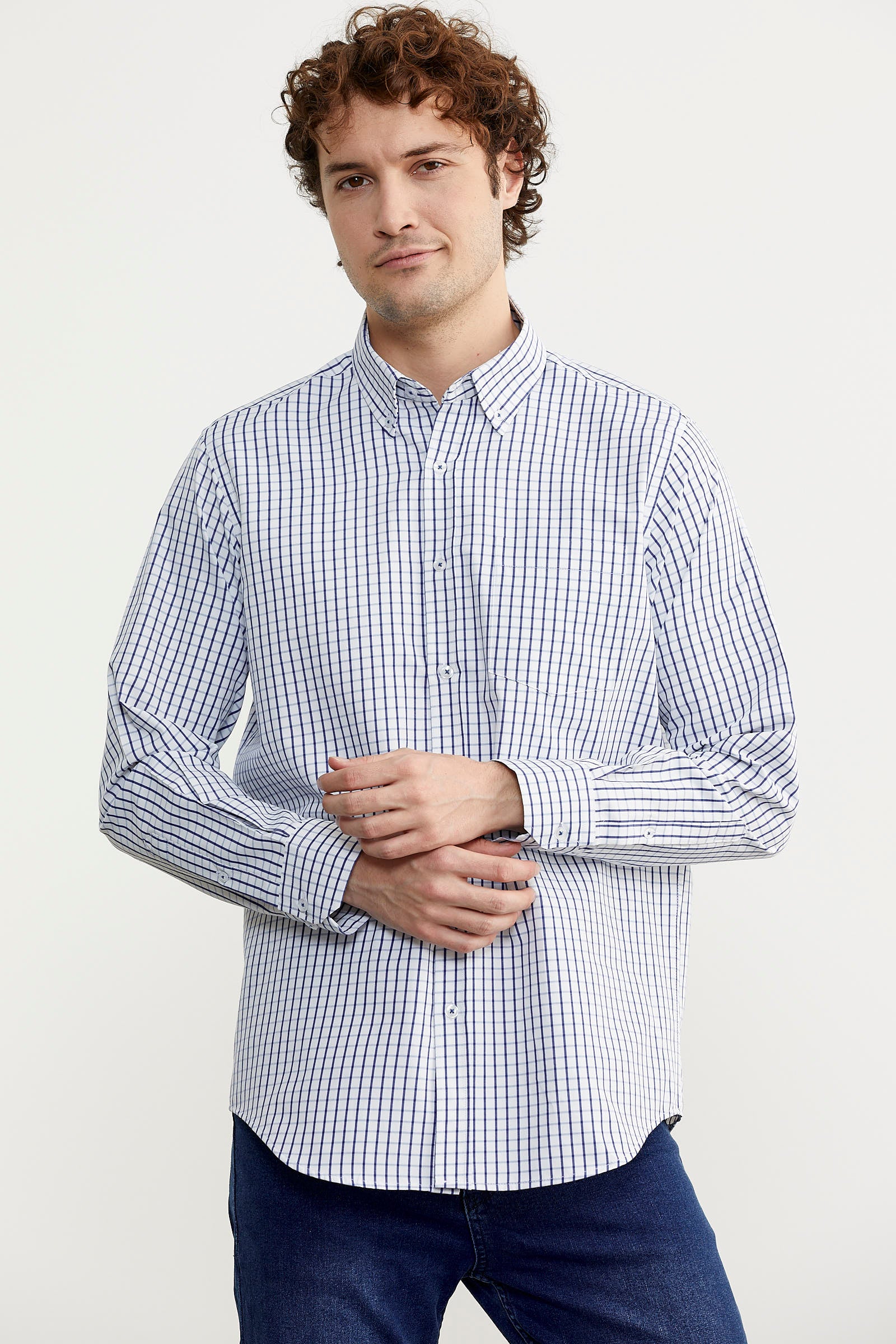 Kareli Uzun Kol Cepli Gömlek - Saks (4) Sementa