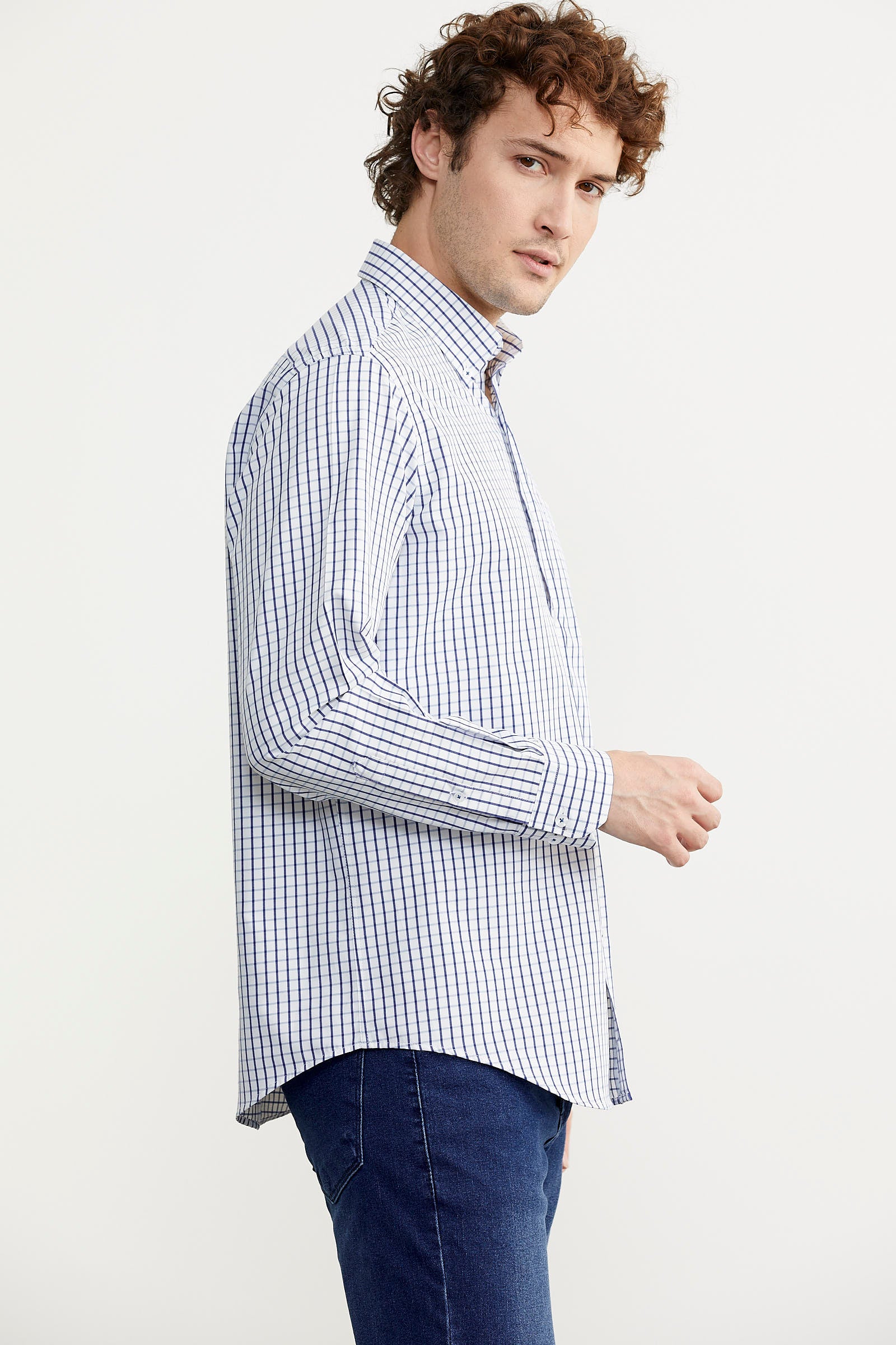 Kareli Uzun Kol Cepli Gömlek - Saks (5) Sementa