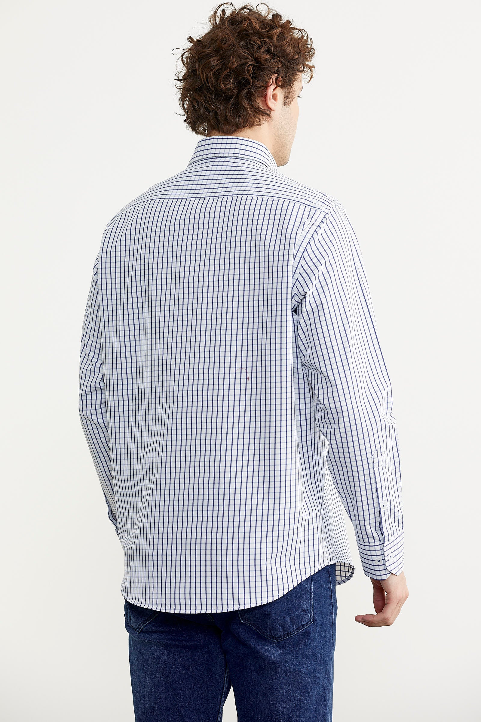 Kareli Uzun Kol Cepli Gömlek - Saks (6) Sementa