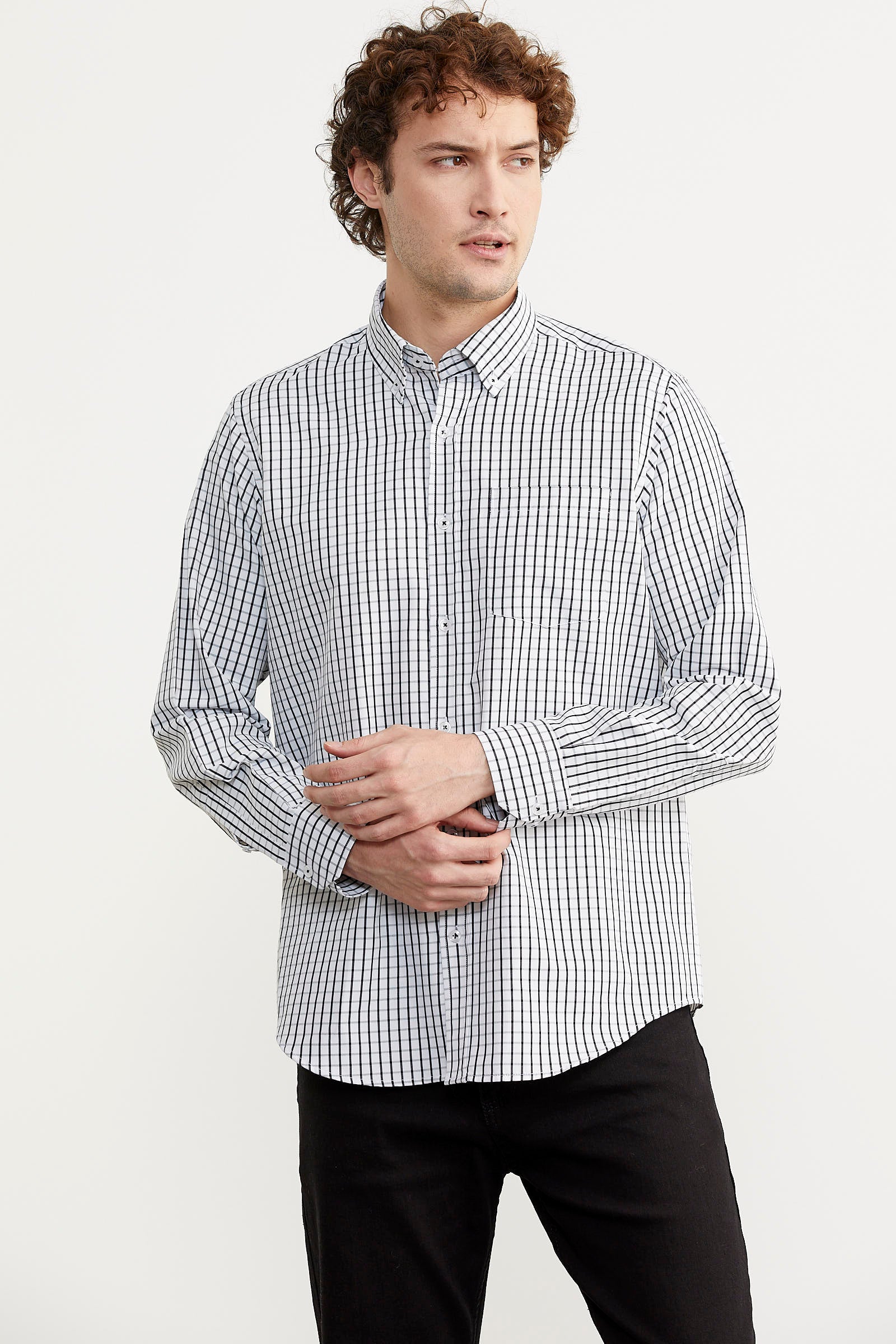 Kareli Uzun Kol Cepli Gömlek - Siyah (2) Sementa