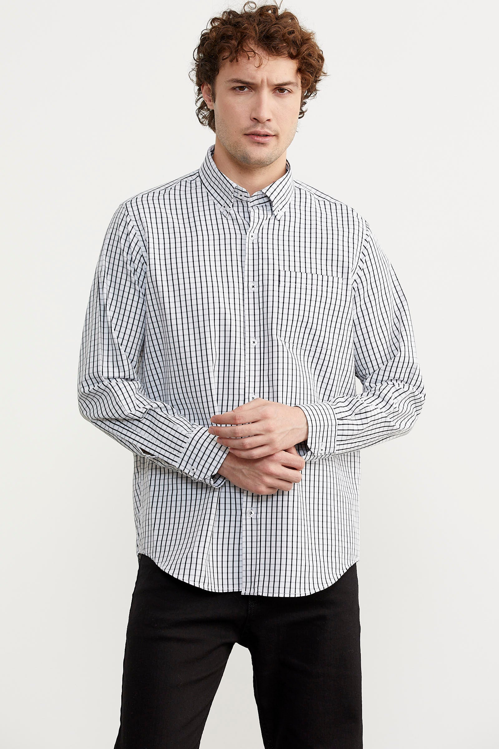 Kareli Uzun Kol Cepli Gömlek - Siyah (3) Sementa