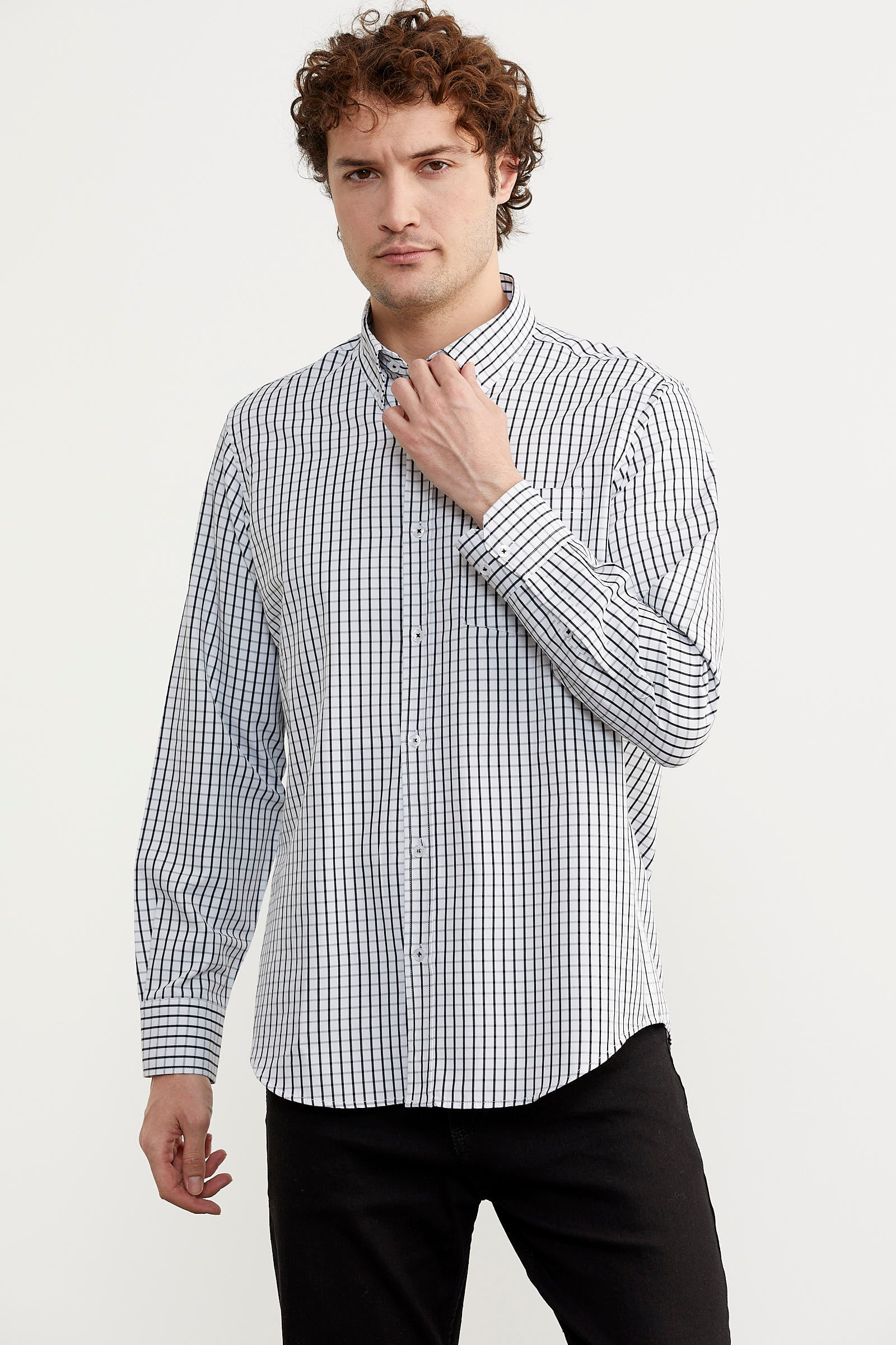 Kareli Uzun Kol Cepli Gömlek - Siyah (4) Sementa