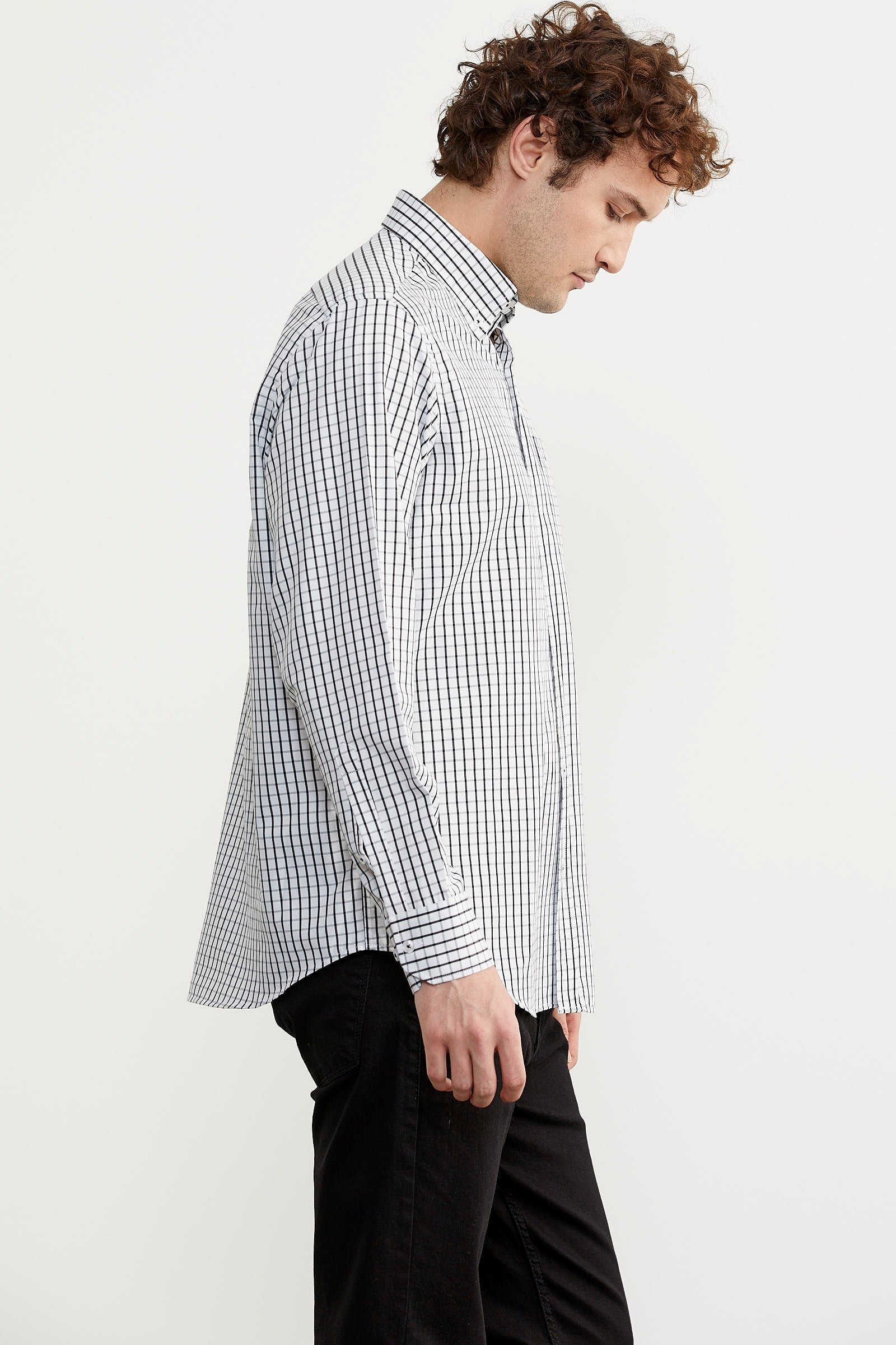 Kareli Uzun Kol Cepli Gömlek - Siyah (5) Sementa