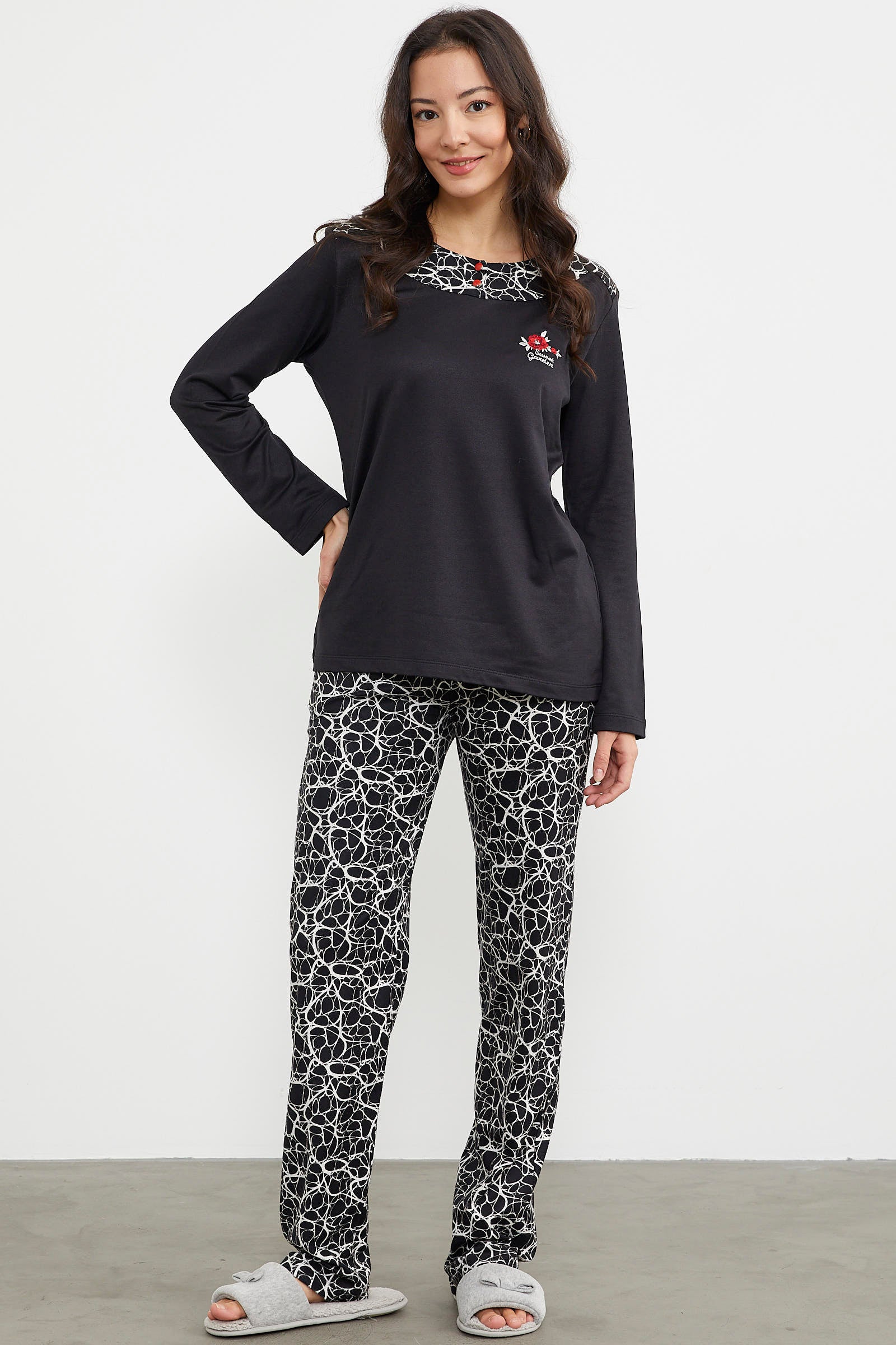 Karışık Desenli Uzun Kol Pijama Takım - Siyah (2) Sementa
