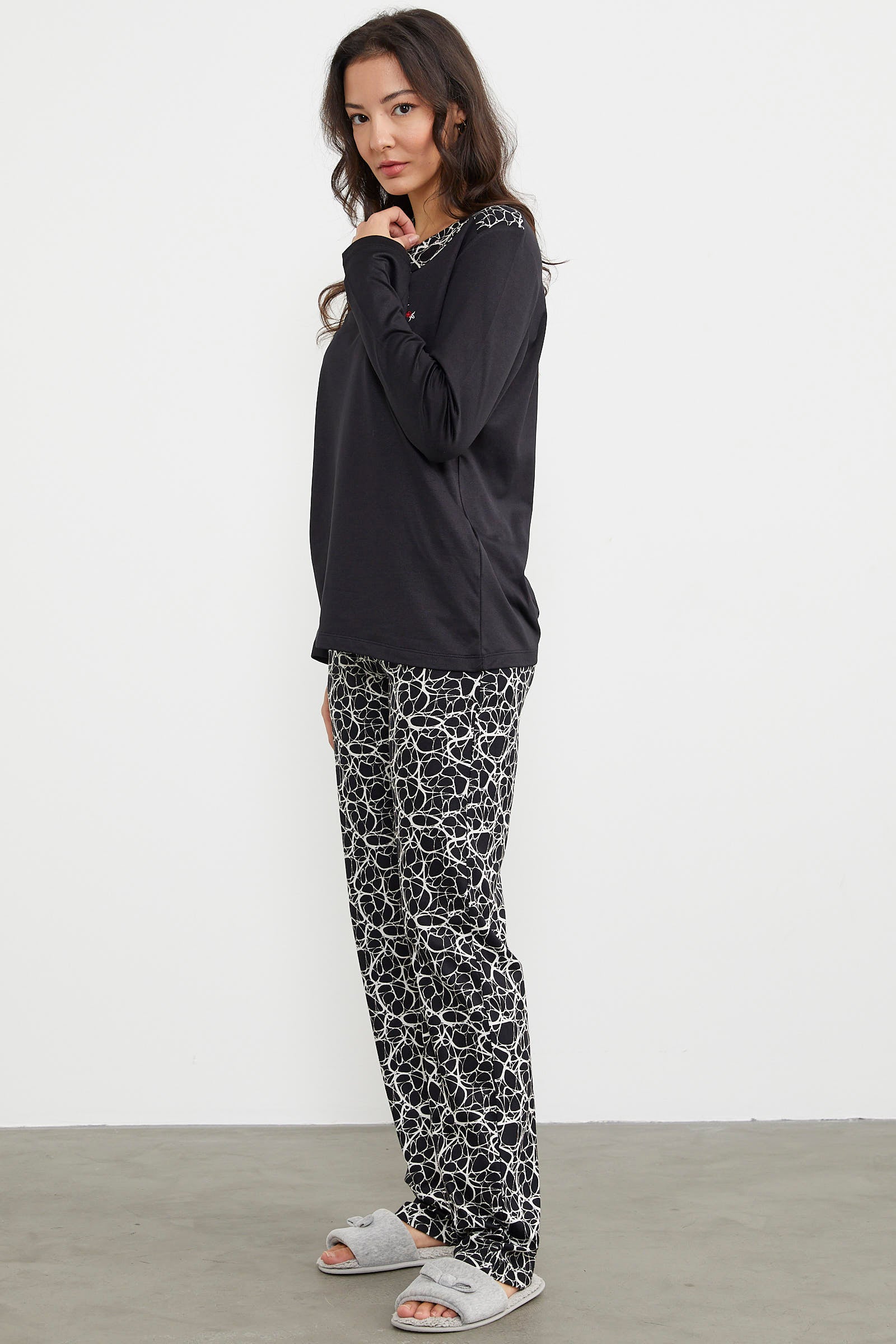 Karışık Desenli Uzun Kol Pijama Takım - Siyah (4) Sementa