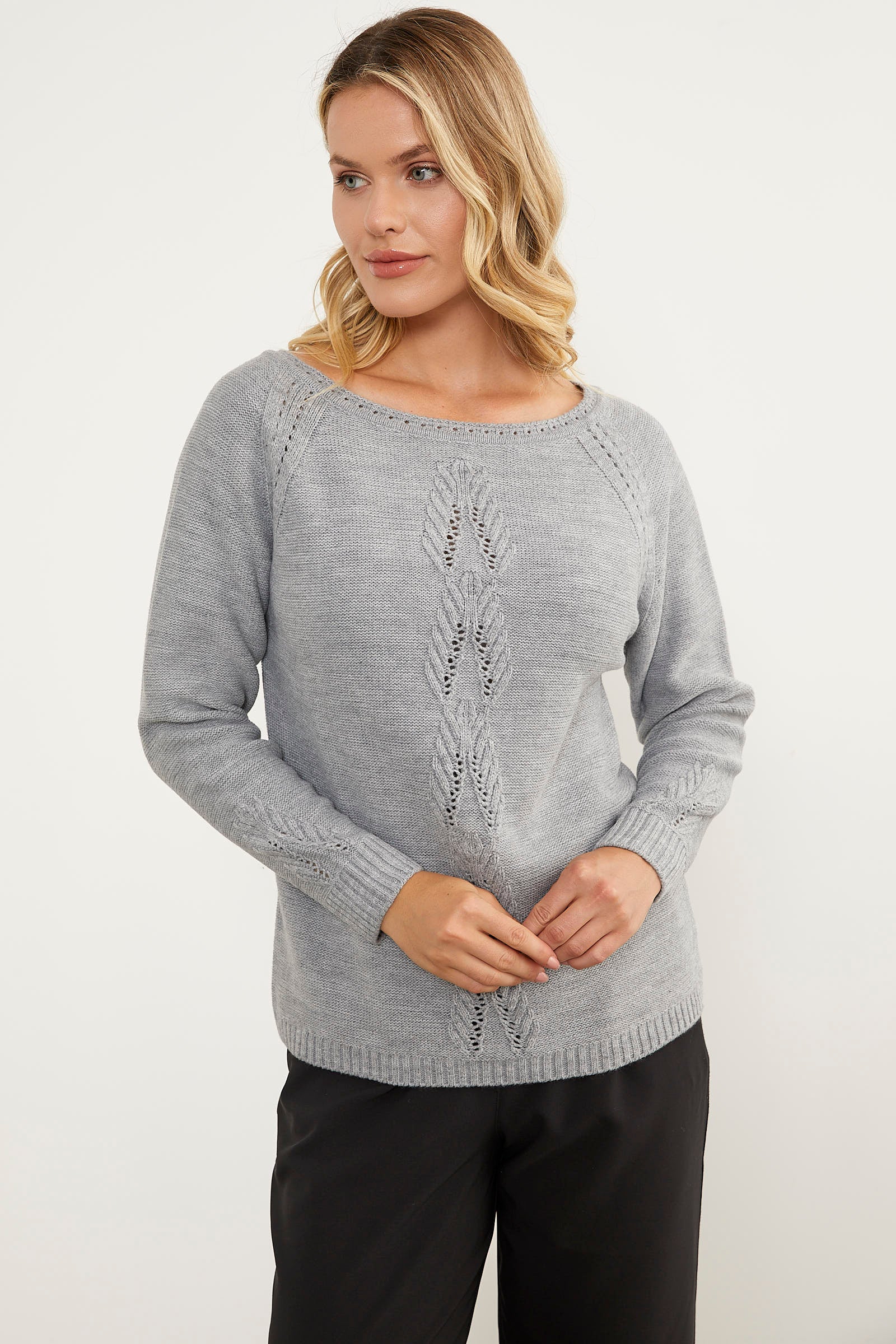 Kayık Yaka Motif Detaylı Triko Kazak - Gri (3) Sementa