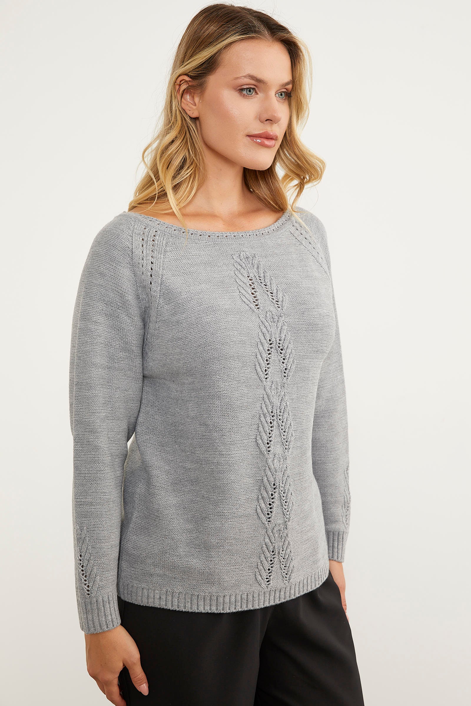 Kayık Yaka Motif Detaylı Triko Kazak - Gri (4) Sementa