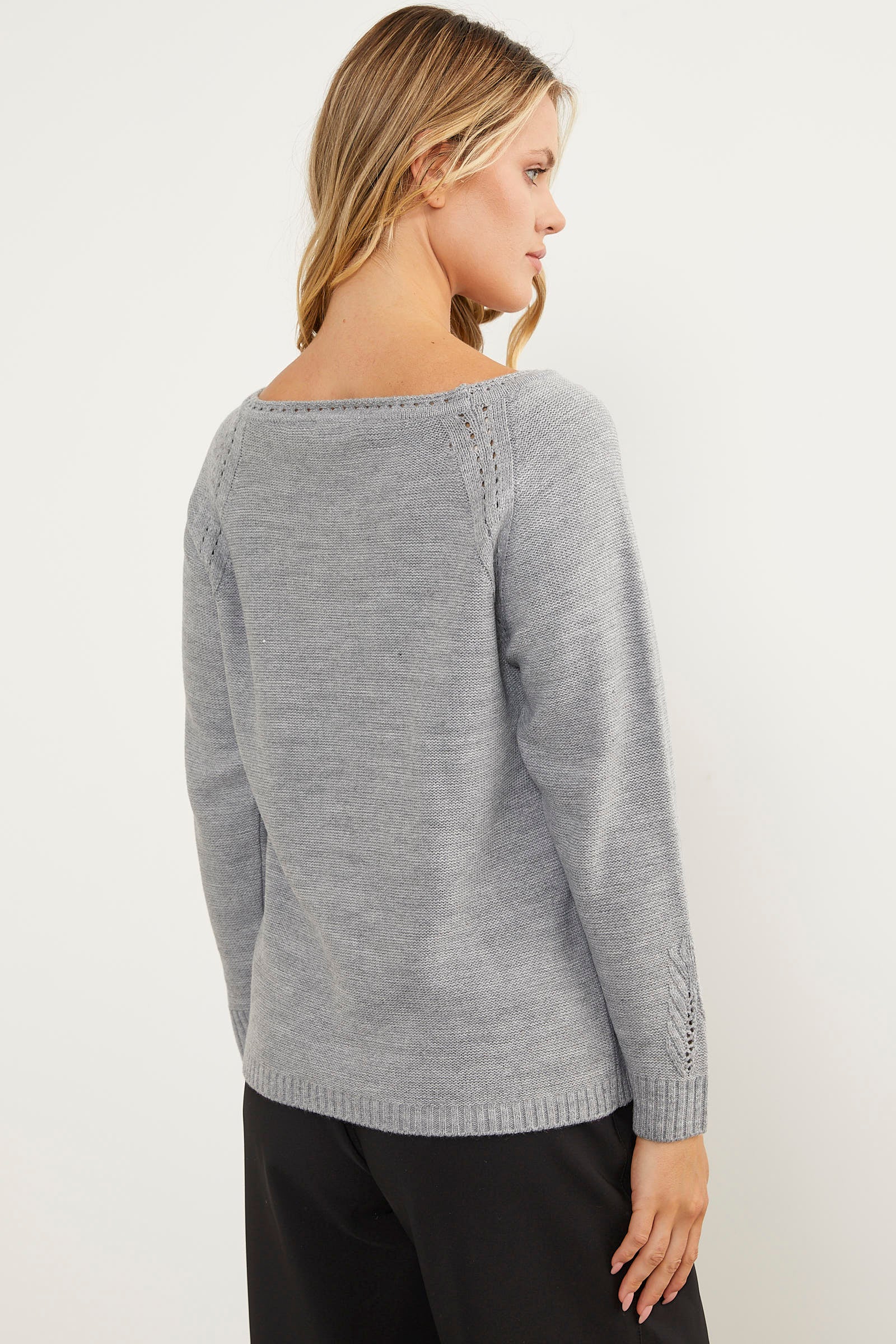 Kayık Yaka Motif Detaylı Triko Kazak - Gri (6) Sementa
