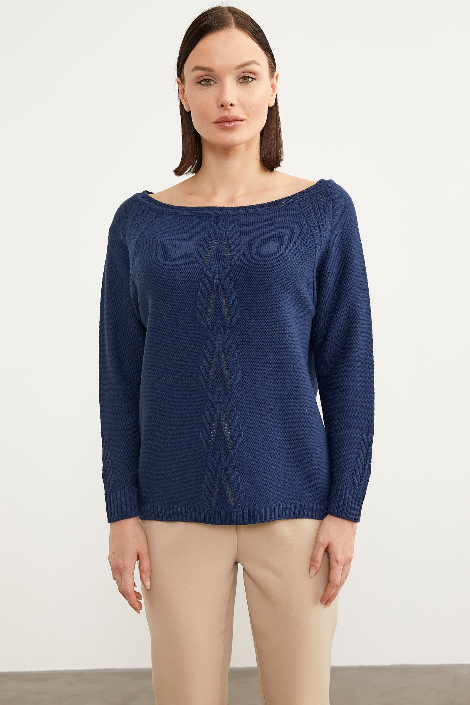 Kayık Yaka Motif Detaylı Triko Kazak - Lacivert (1) Sementa