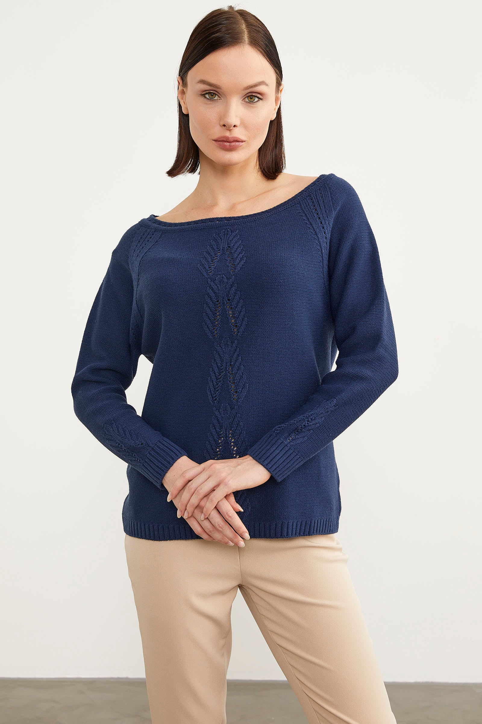 Kayık Yaka Motif Detaylı Triko Kazak - Lacivert (2) Sementa