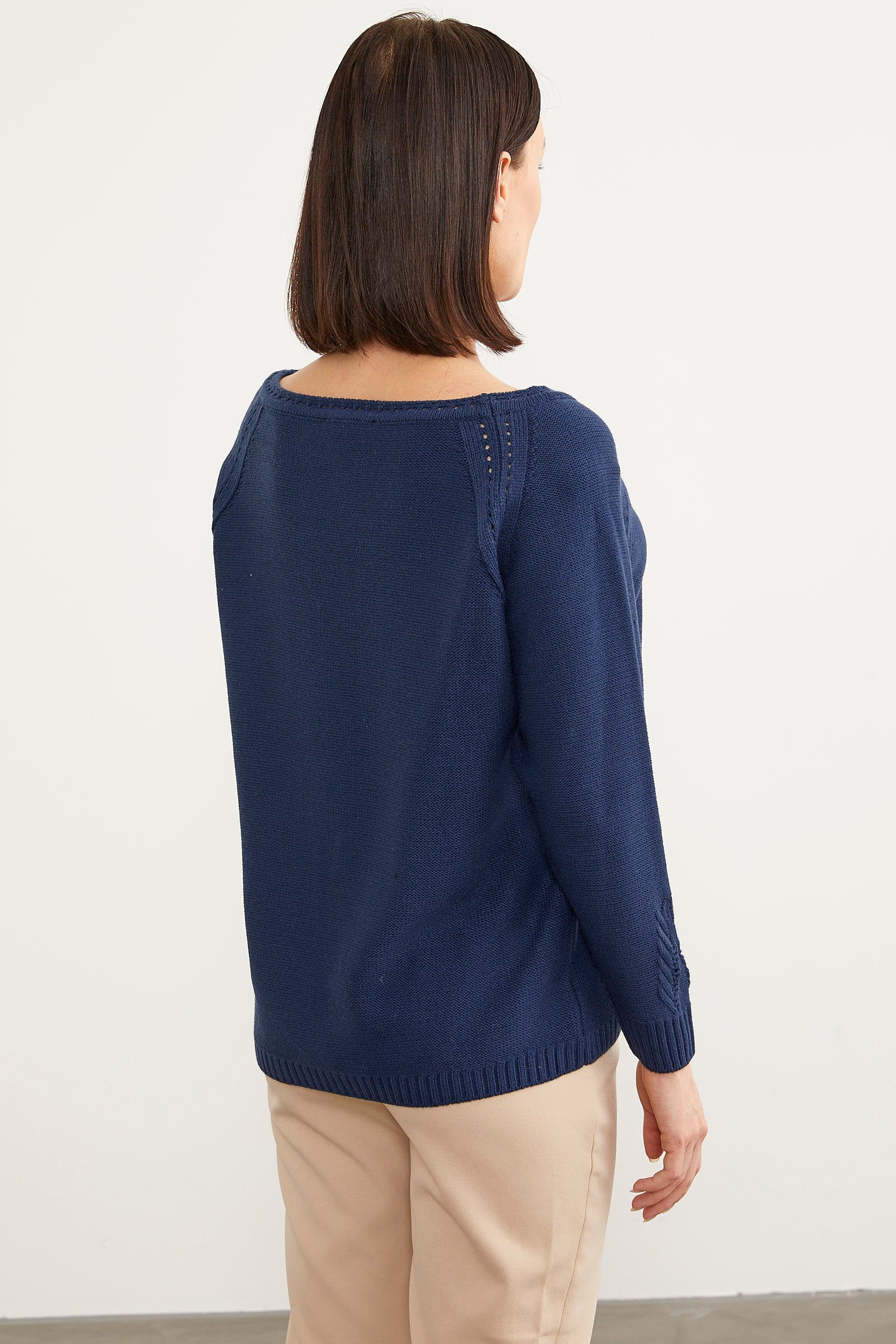 Kayık Yaka Motif Detaylı Triko Kazak - Lacivert (4) Sementa