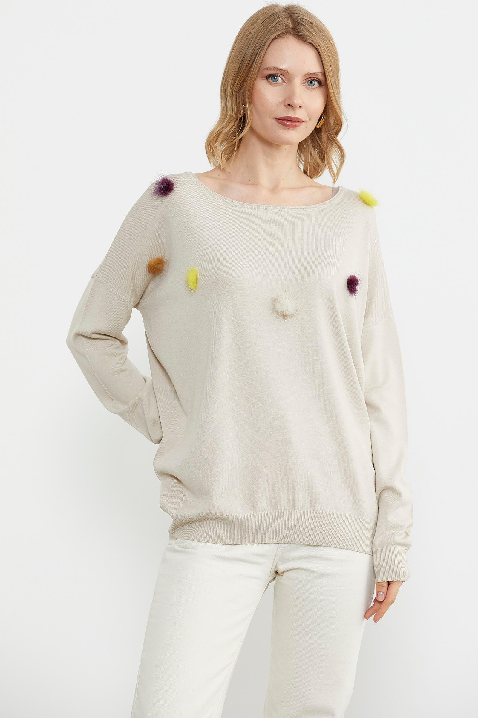 Kayık Yaka Ponpon Detaylı Triko Kazak - Bej (4) Sementa