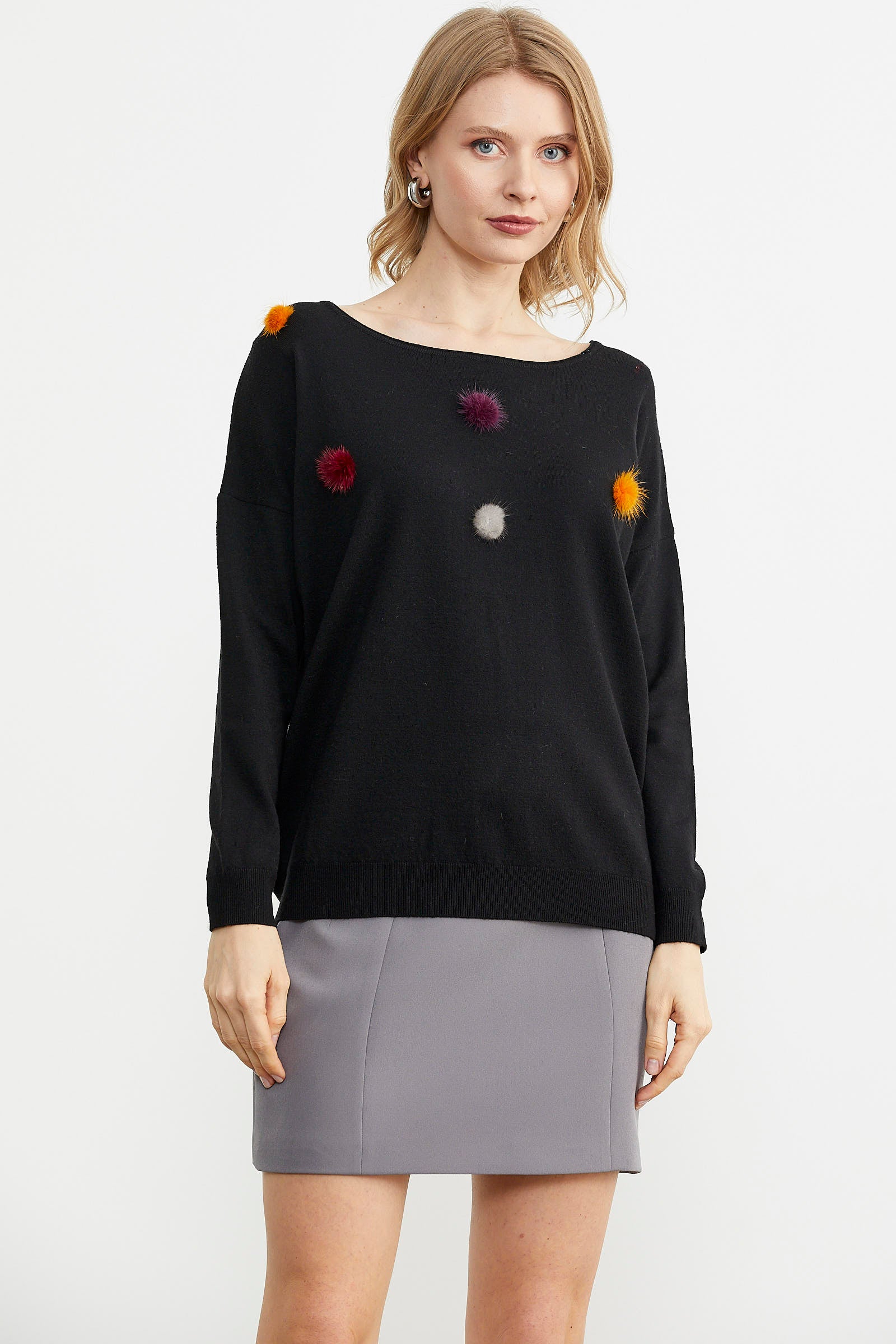 Kayık Yaka Ponpon Detaylı Triko Kazak - Siyah (1) Sementa