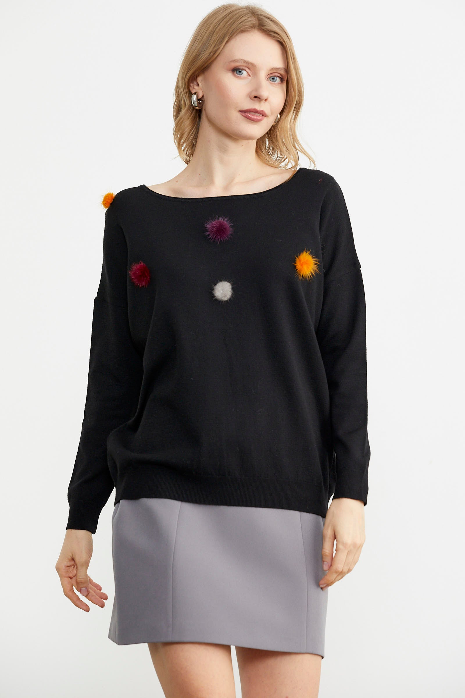 Kayık Yaka Ponpon Detaylı Triko Kazak - Siyah (2) Sementa