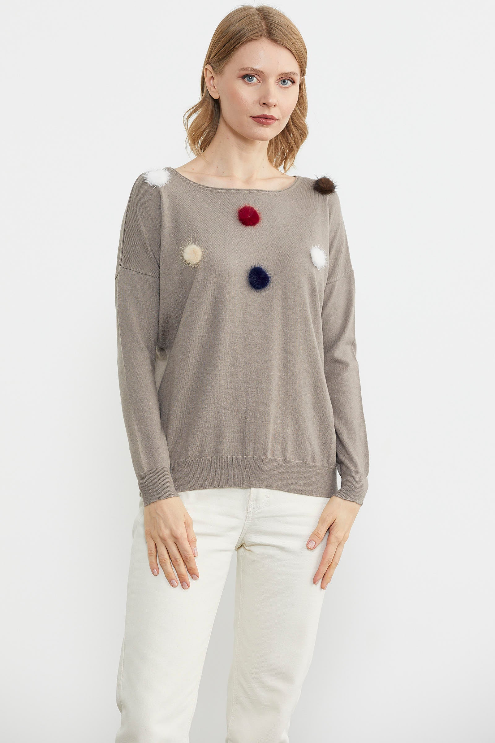 Kayık Yaka Ponpon Detaylı Triko Kazak - Vizon (1) Sementa