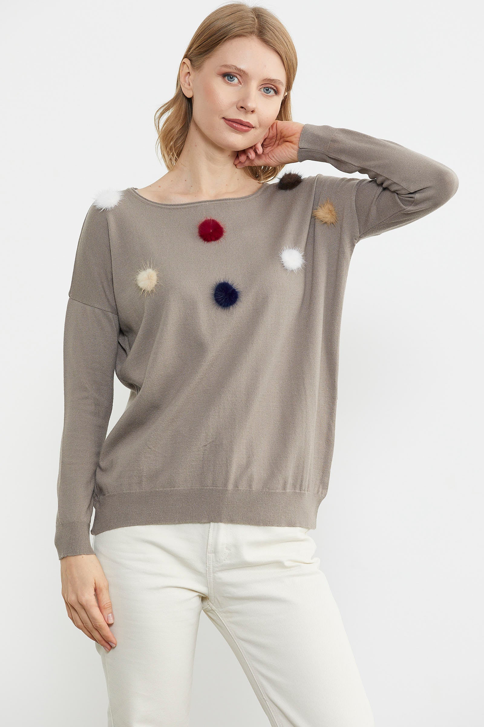 Kayık Yaka Ponpon Detaylı Triko Kazak - Vizon (4) Sementa