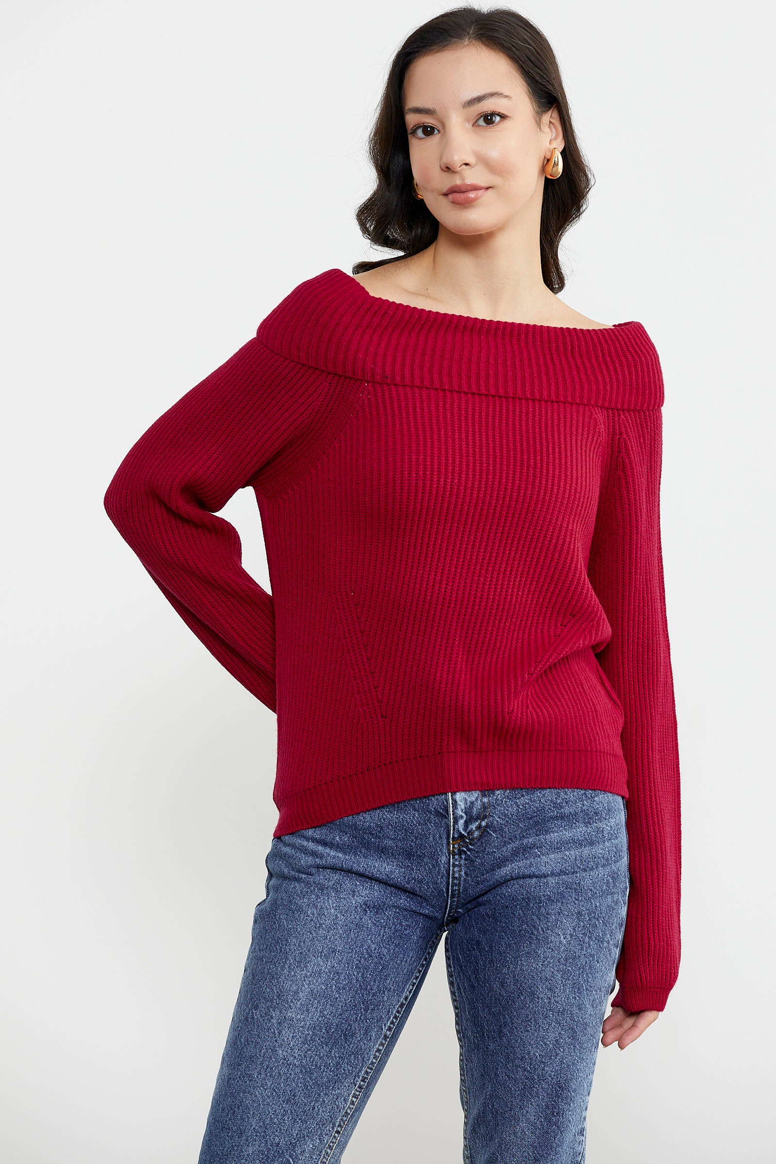 Kayık Yaka Triko Kazak - Kırmızı (2) Sementa