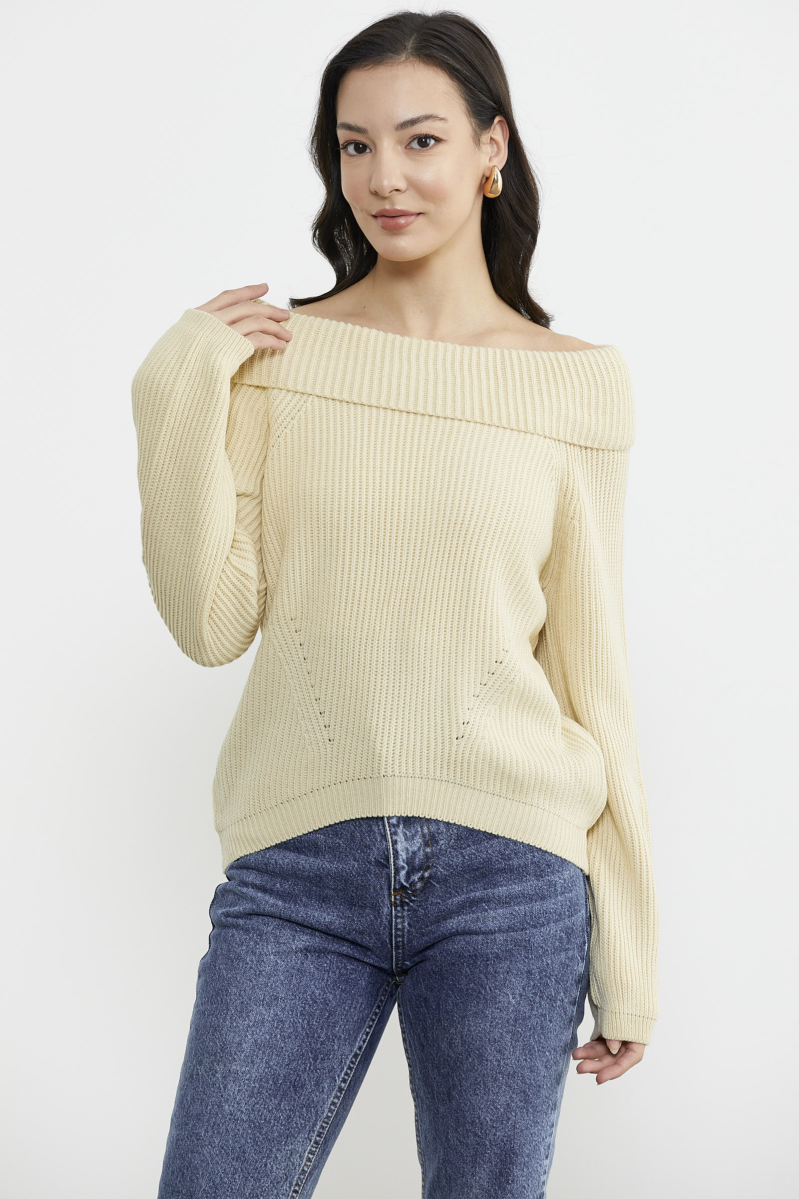 Kayık Yaka Triko Kazak - Krem (2) Sementa