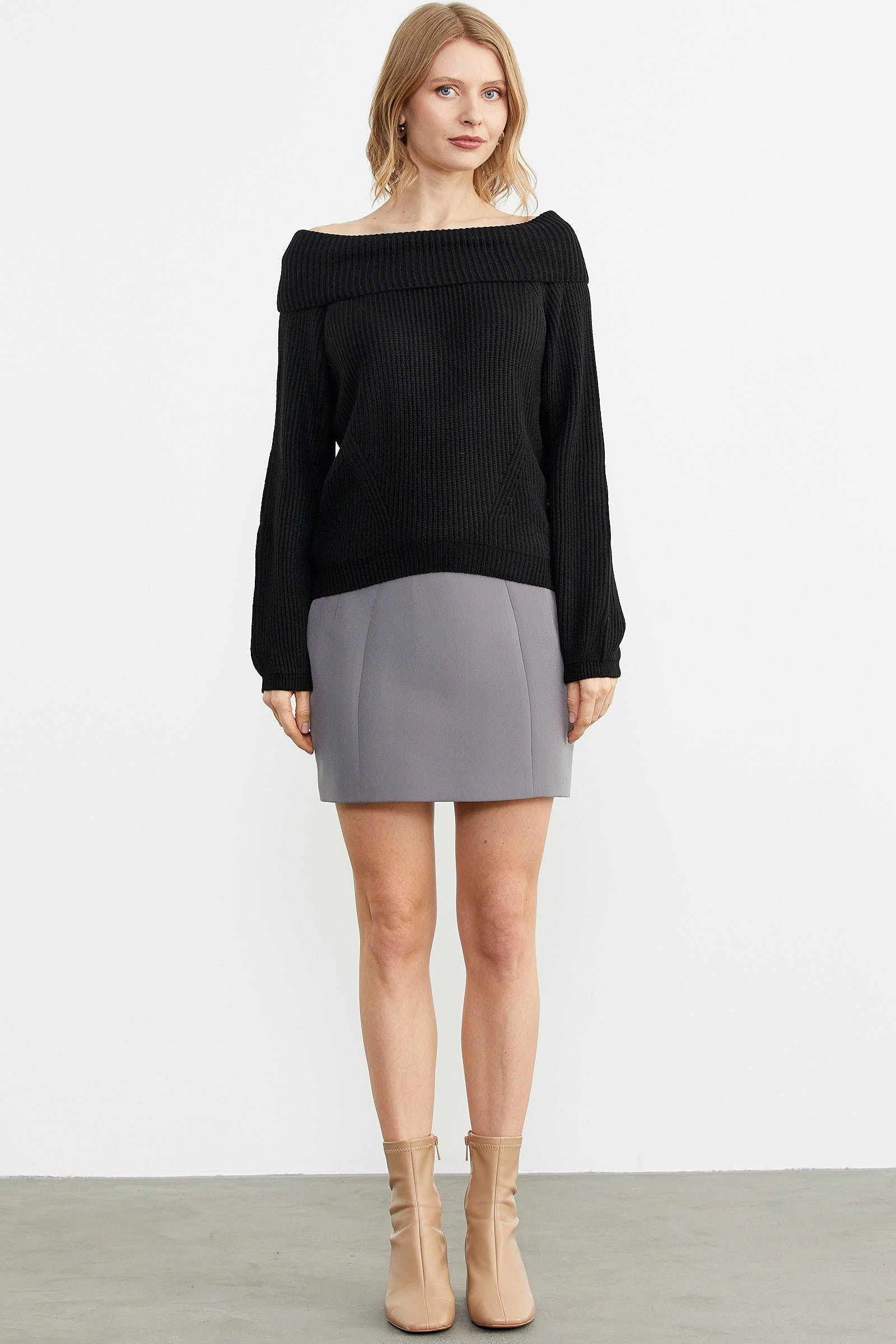 Kayık Yaka Triko Kazak - Siyah (1) Sementa