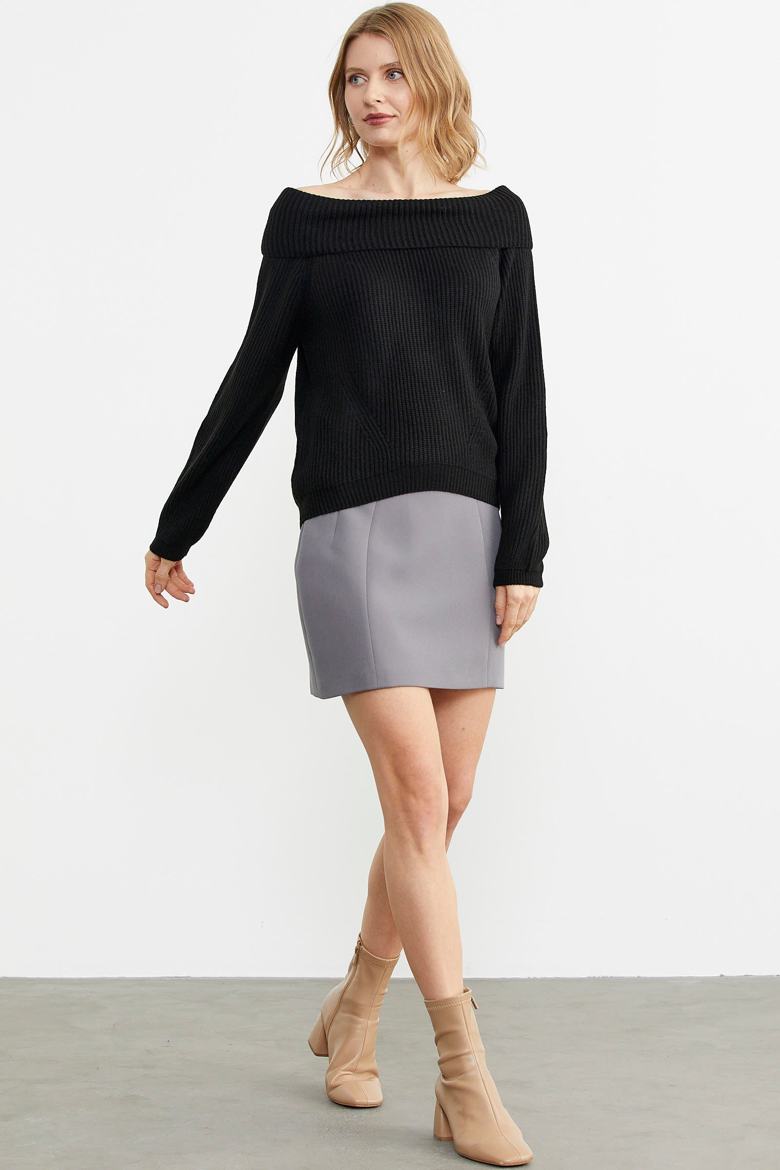 Kayık Yaka Triko Kazak - Siyah (2) Sementa