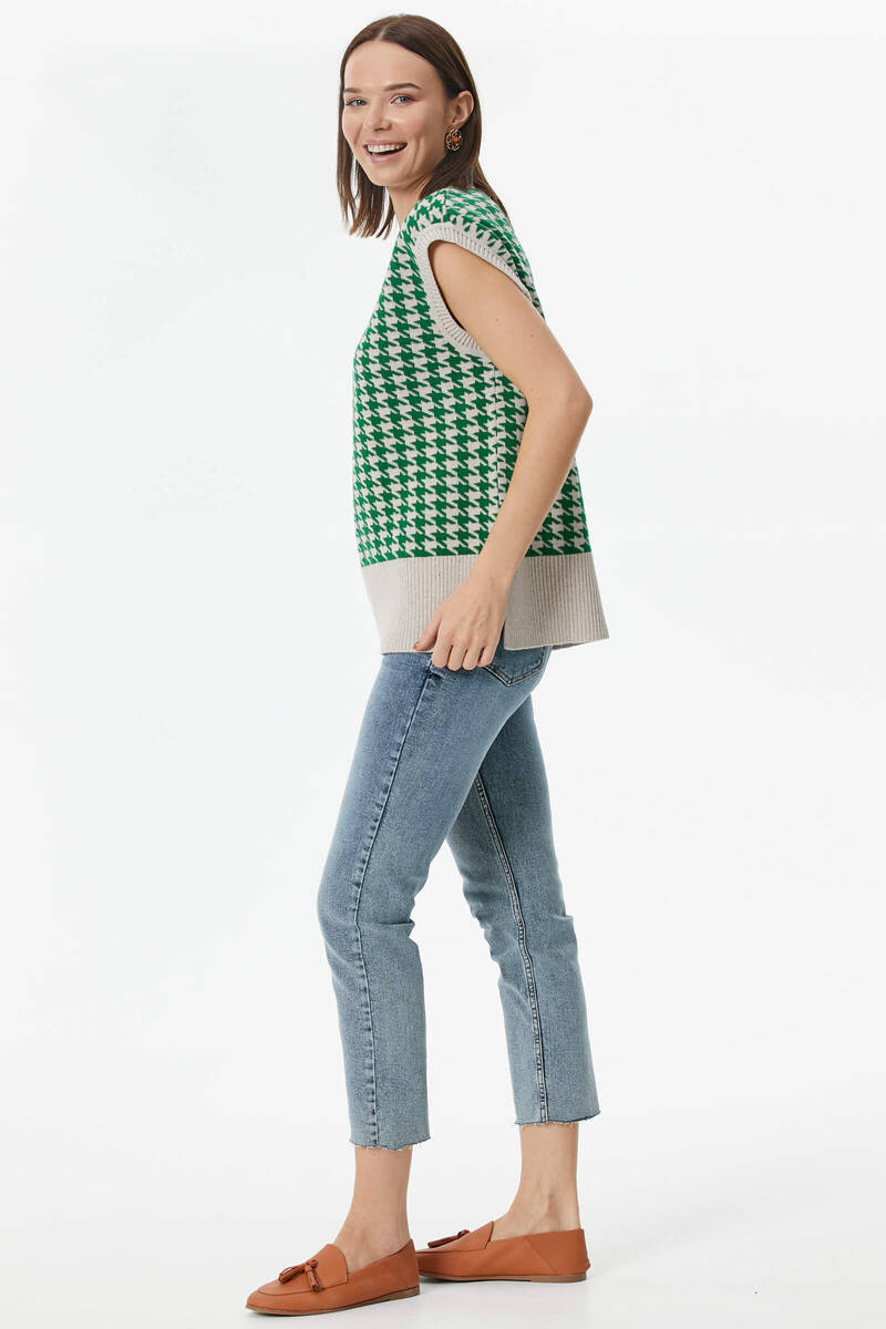 Kazayağı Desenli Triko Süveter - Bej-Yeşil (3) Sementa