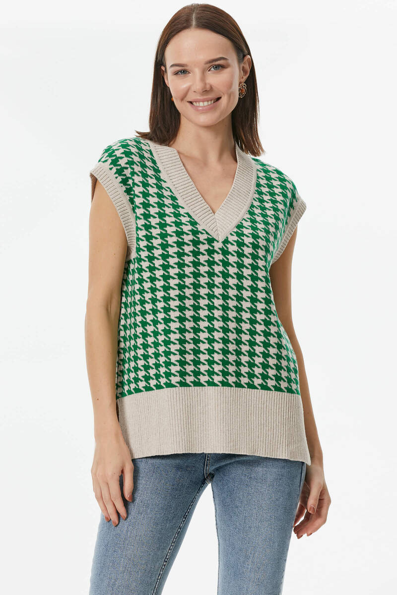 Kazayağı Desenli Triko Süveter - Bej-Yeşil (4) Sementa
