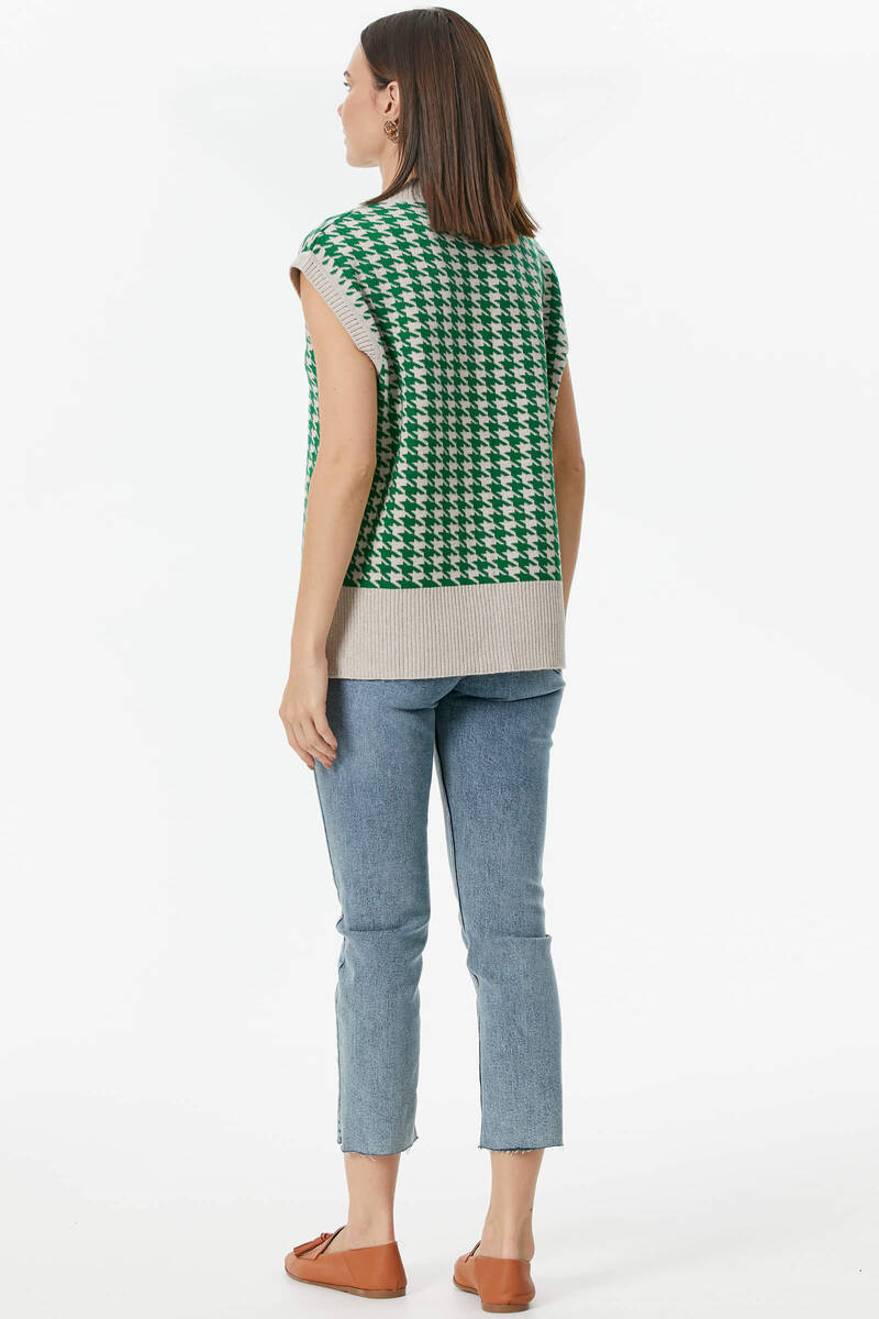 Kazayağı Desenli Triko Süveter - Bej-Yeşil (5) Sementa