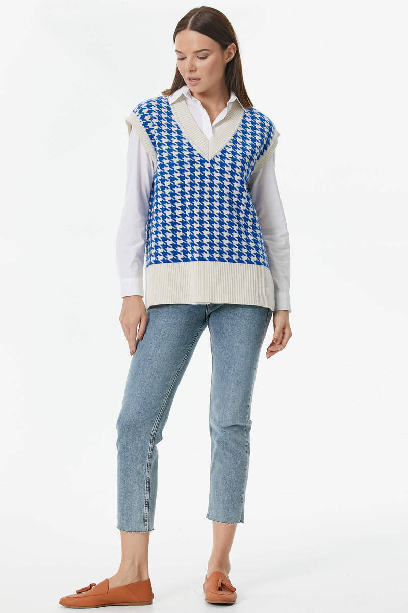 Kazayağı Desenli Triko Süveter - Kemik-Saks (3) Sementa