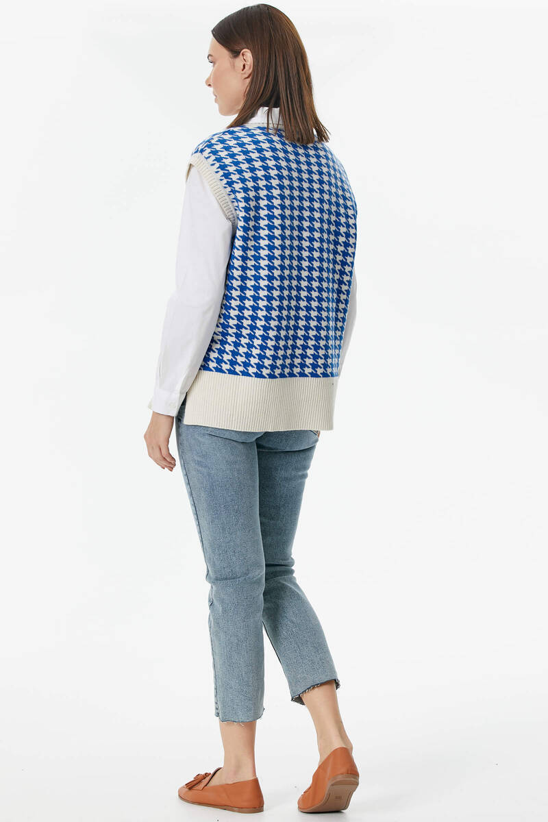 Kazayağı Desenli Triko Süveter - Kemik-Saks (5) Sementa