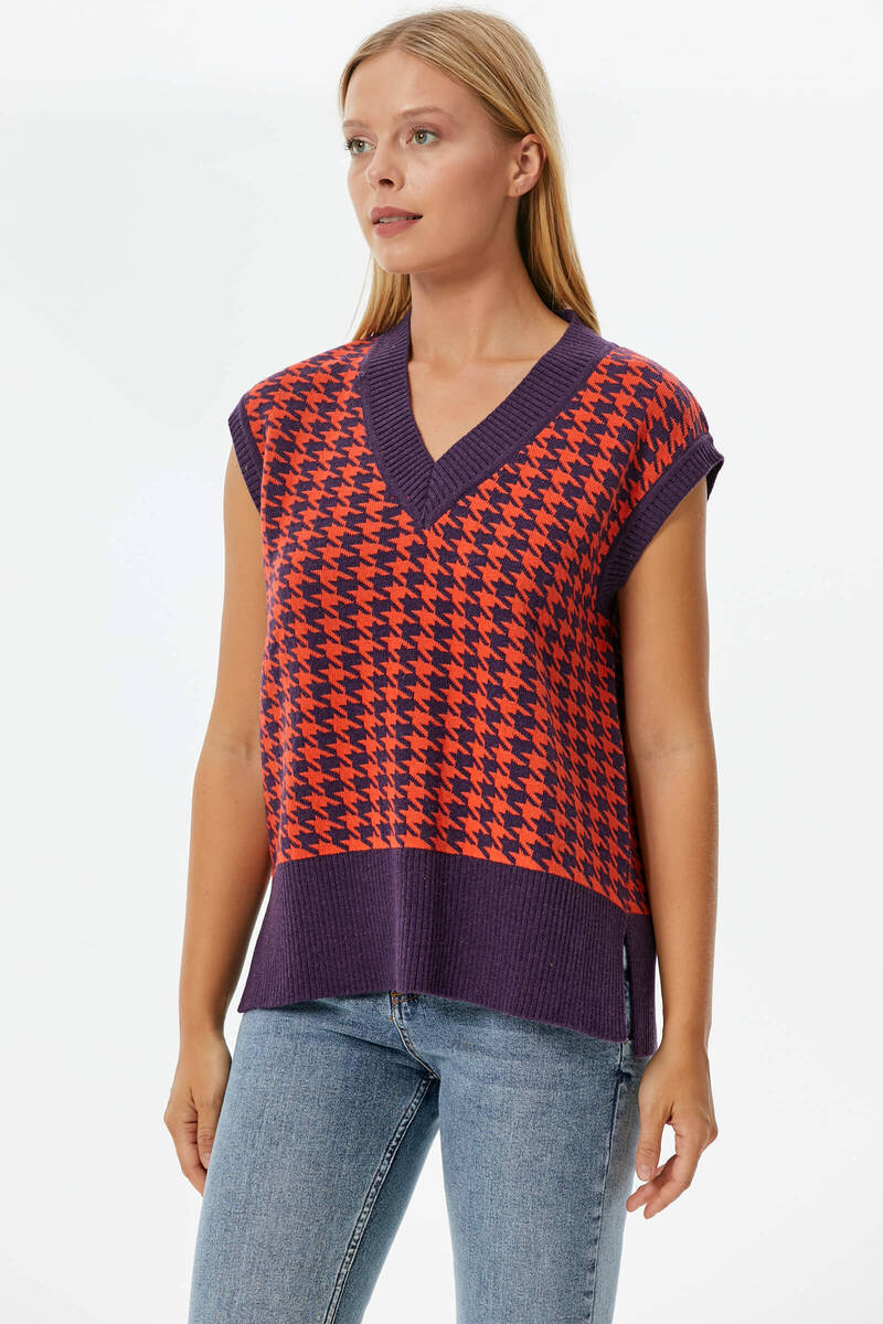Kazayağı Desenli Triko Süveter - Mor-Nar (3) Sementa