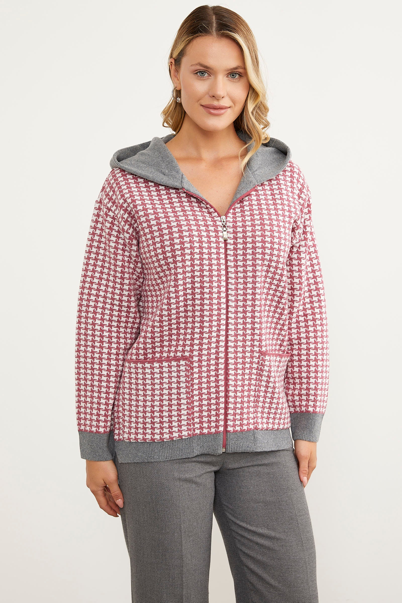 Kazayağı Desenli Cepli Triko Hırka - Gül (2) Sementa