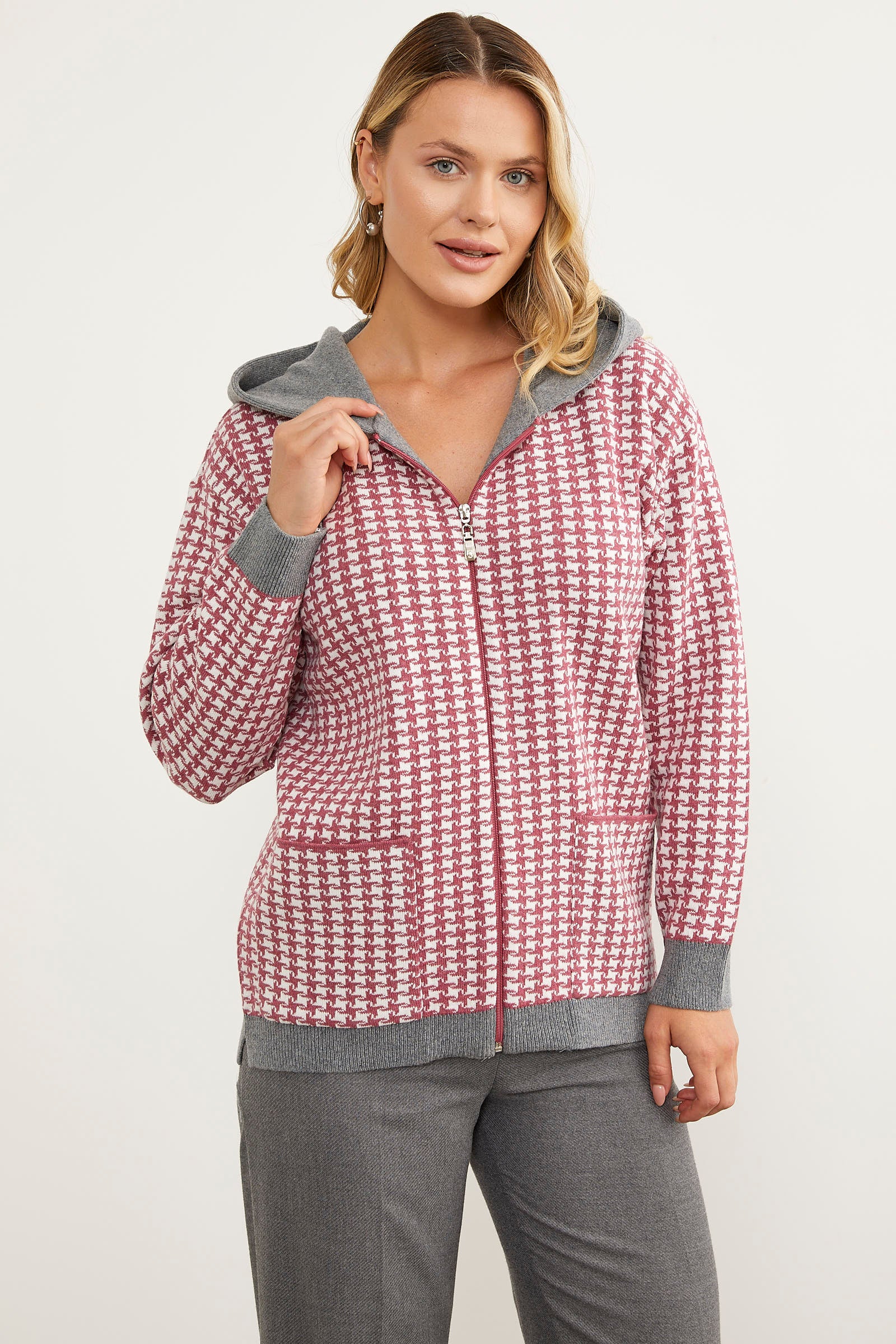 Kazayağı Desenli Cepli Triko Hırka - Gül (3) Sementa