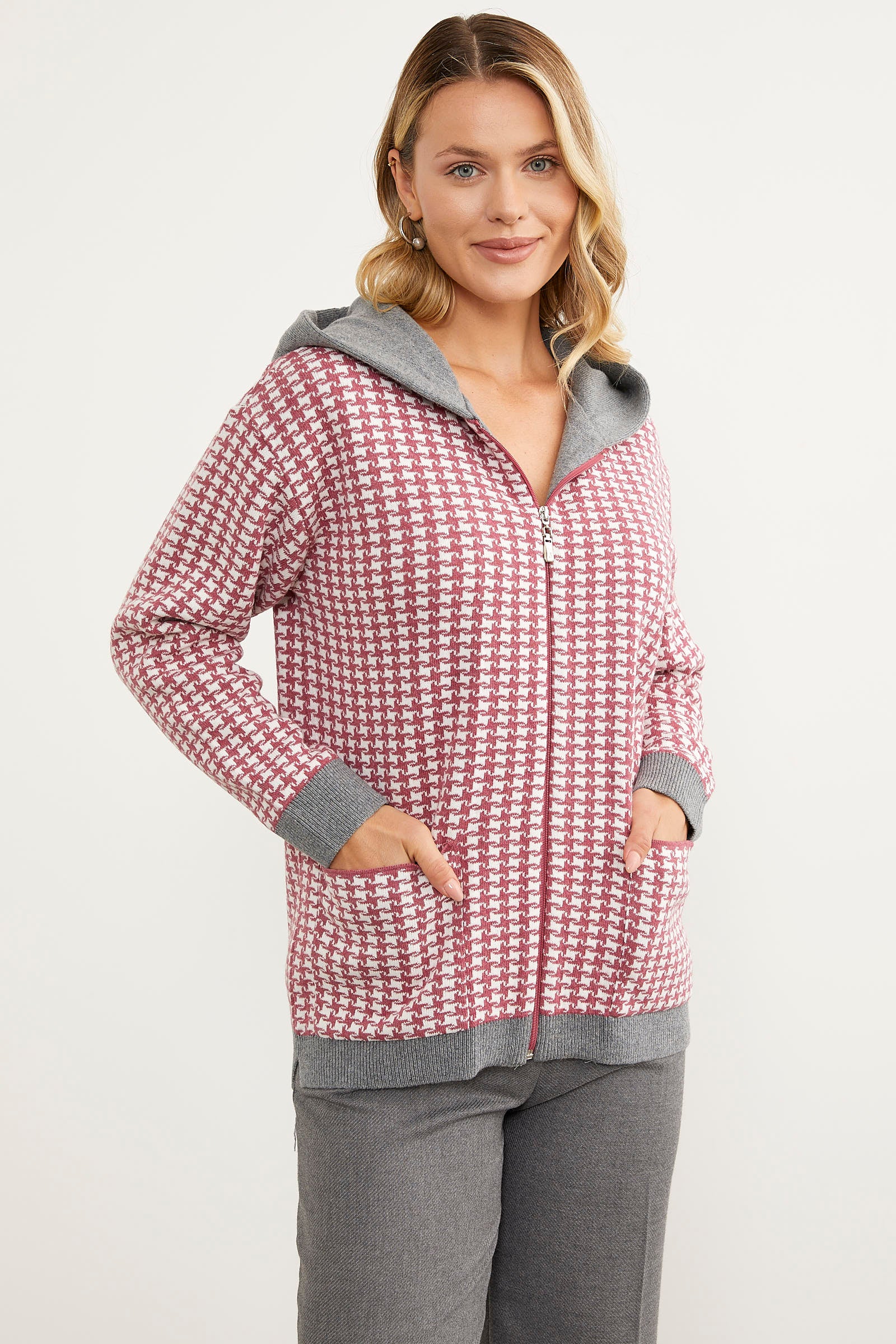 Kazayağı Desenli Cepli Triko Hırka - Gül (4) Sementa