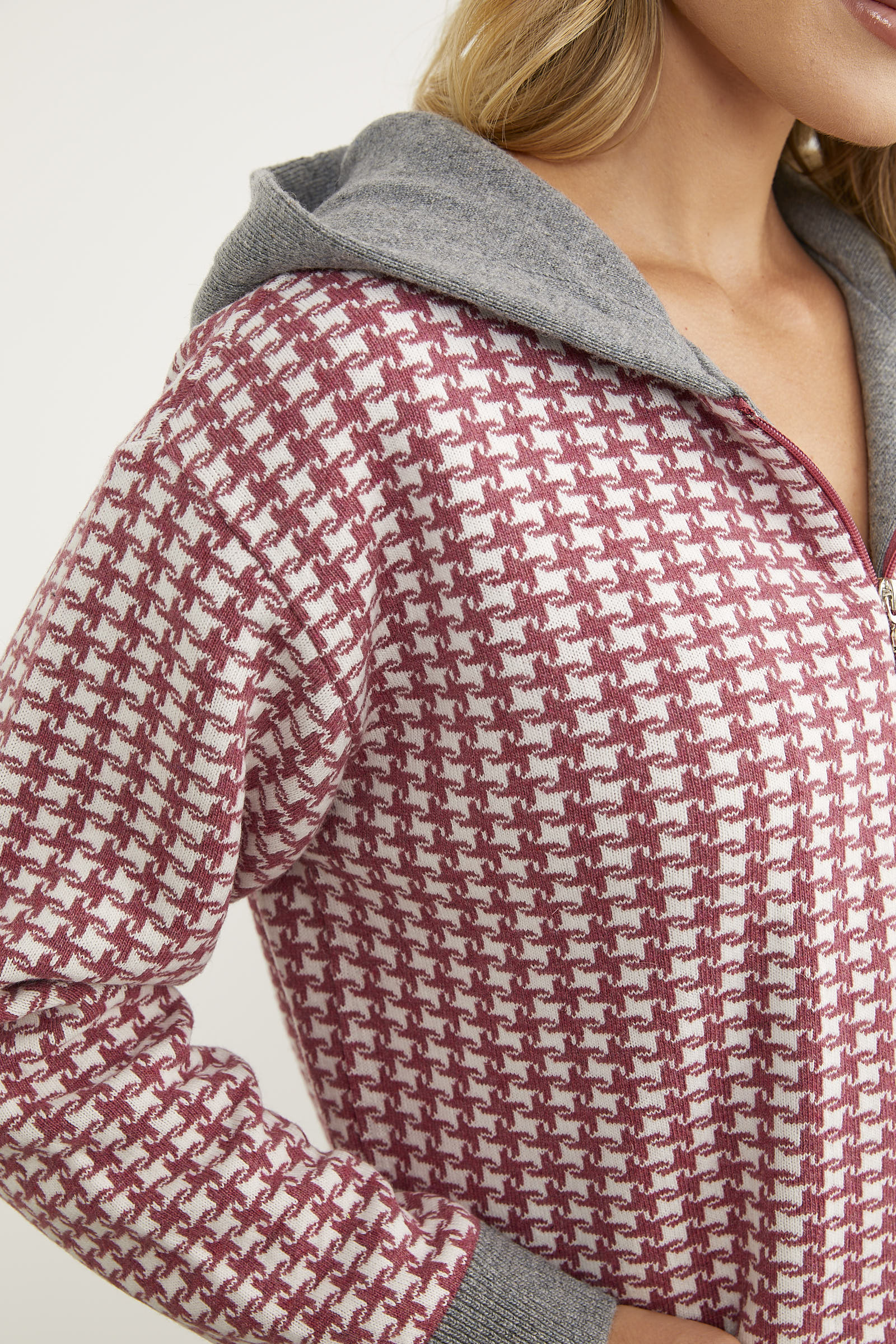 Kazayağı Desenli Cepli Triko Hırka - Gül (5) Sementa