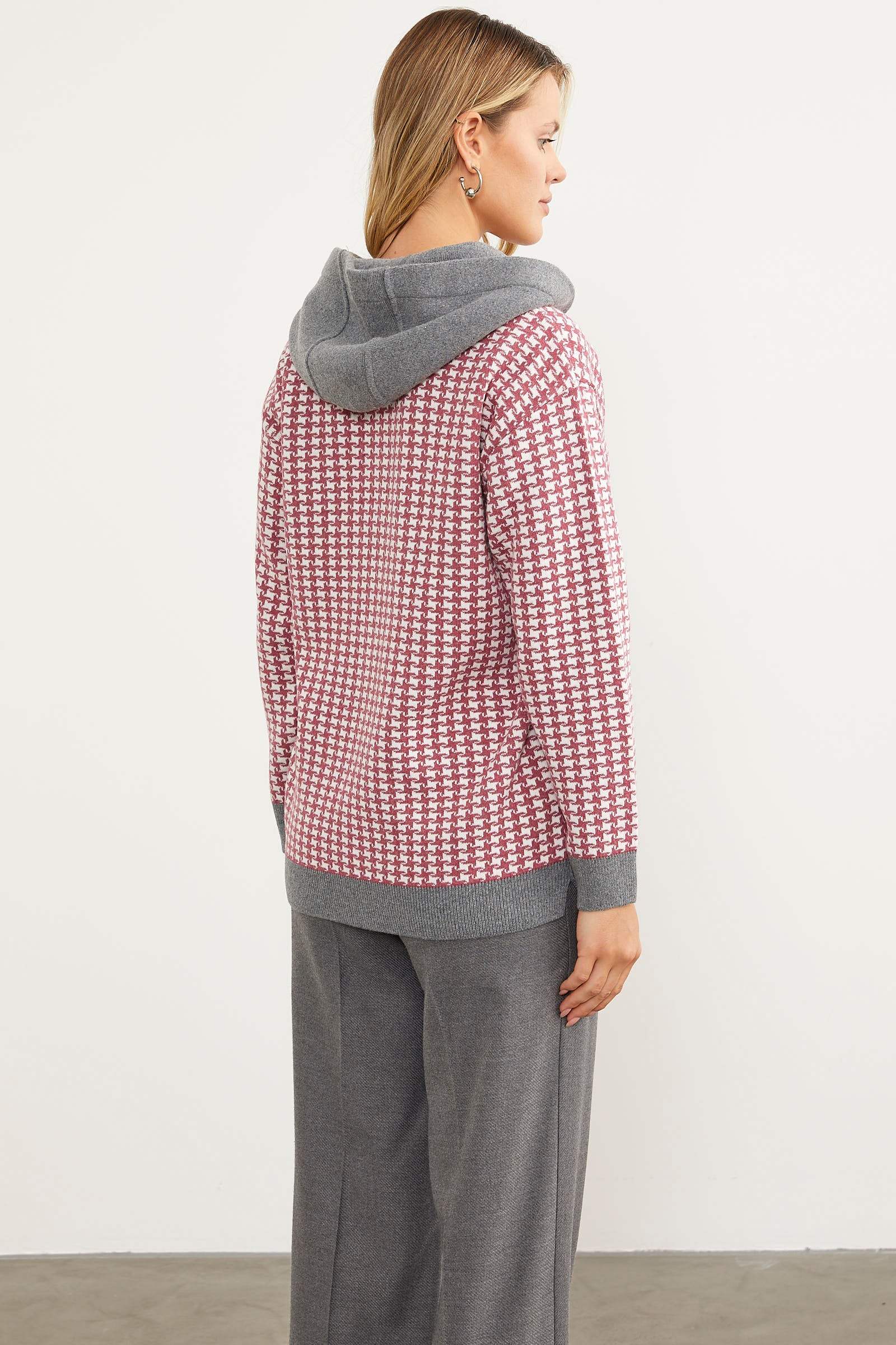 Kazayağı Desenli Cepli Triko Hırka - Gül (6) Sementa