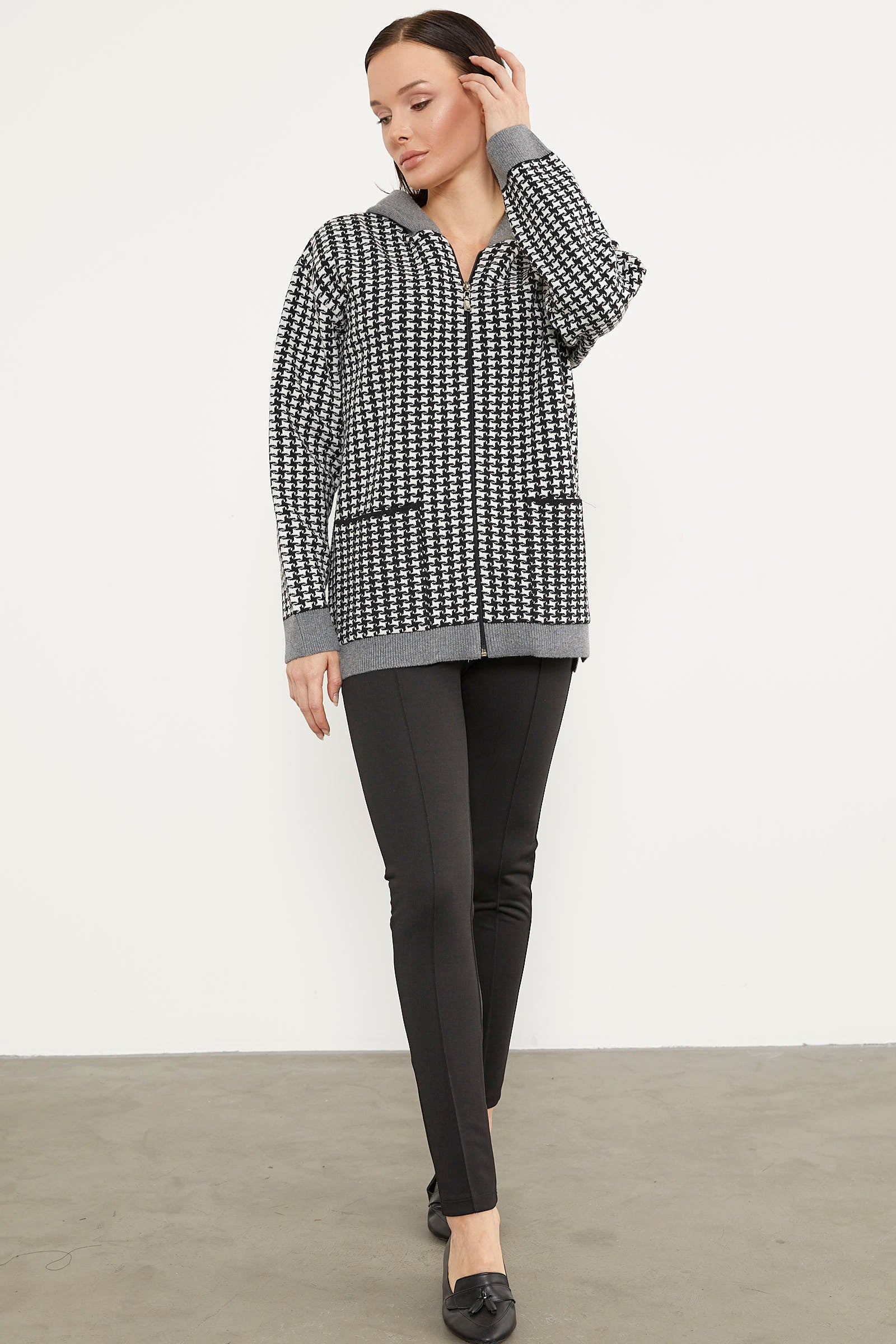 Kazayağı Desenli Cepli Triko Hırka - Siyah (3) Sementa