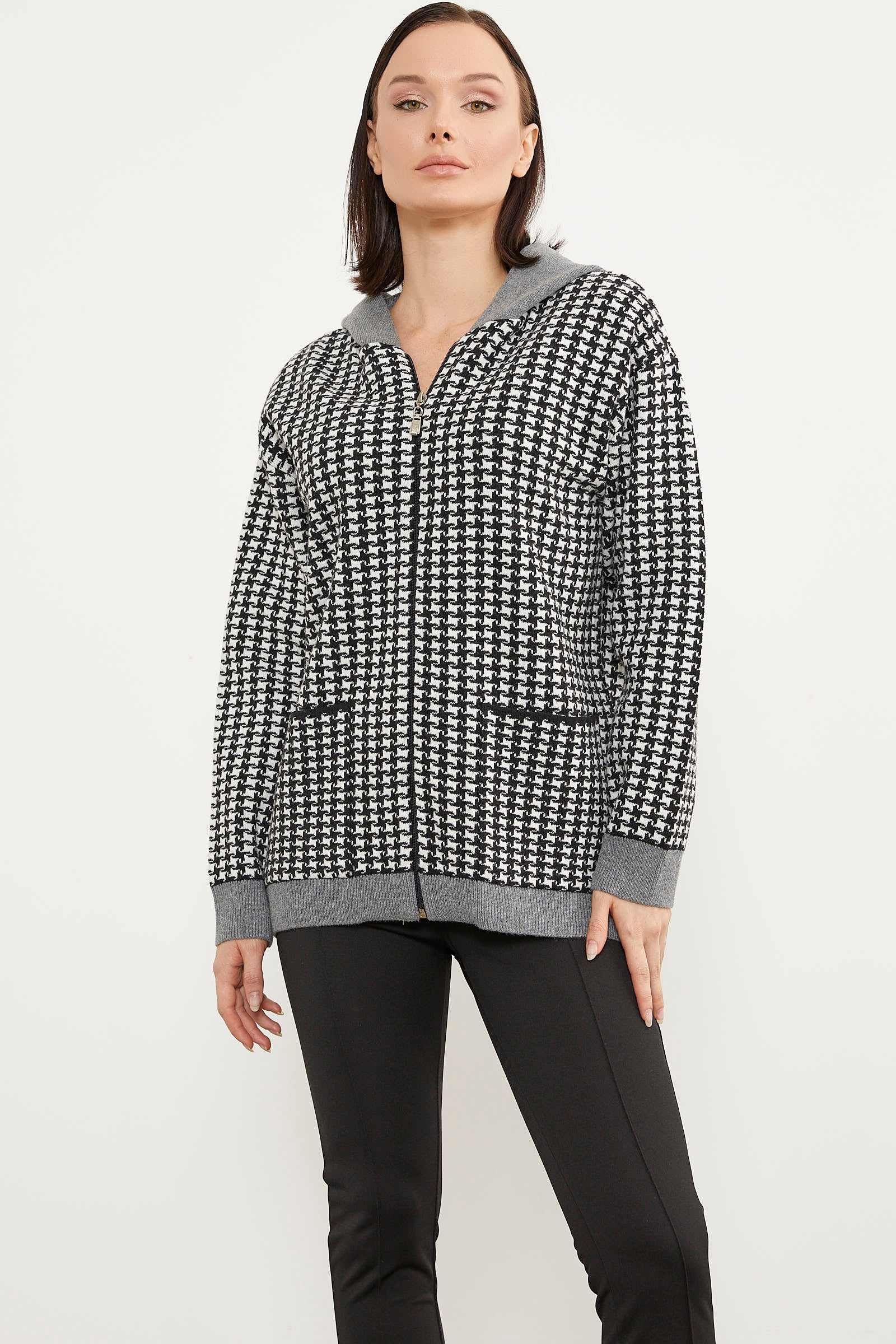 Kazayağı Desenli Cepli Triko Hırka - Siyah (4) Sementa