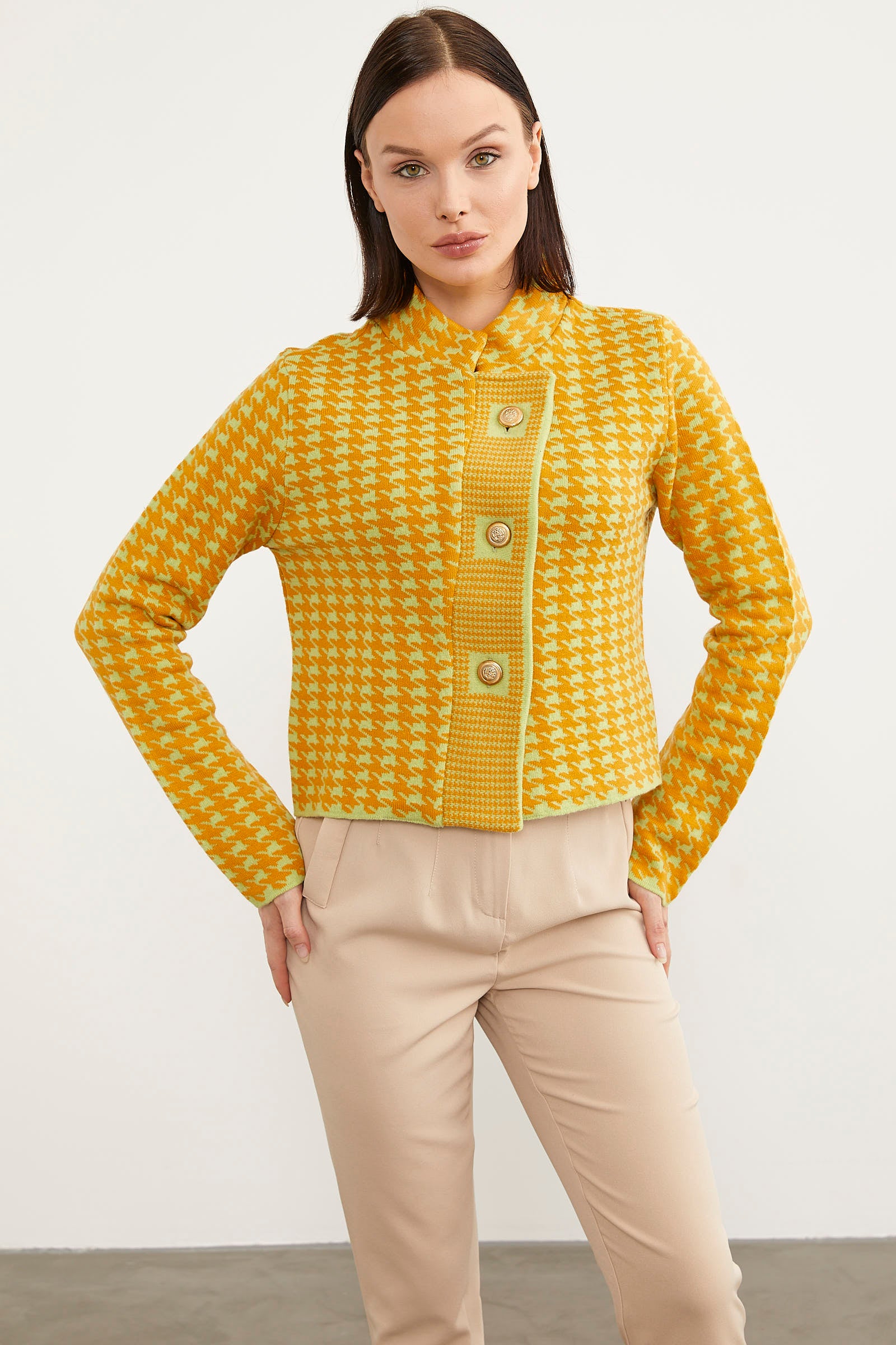 Kazayağı Desenli Dik Yaka Triko Hırka - Fıstık Yeşili (6) Sementa