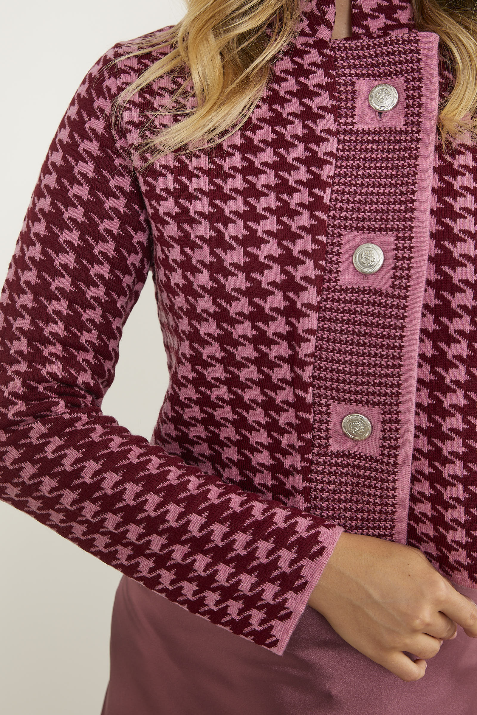 Kazayağı Desenli Dik Yaka Triko Hırka - Pembe (6) Sementa