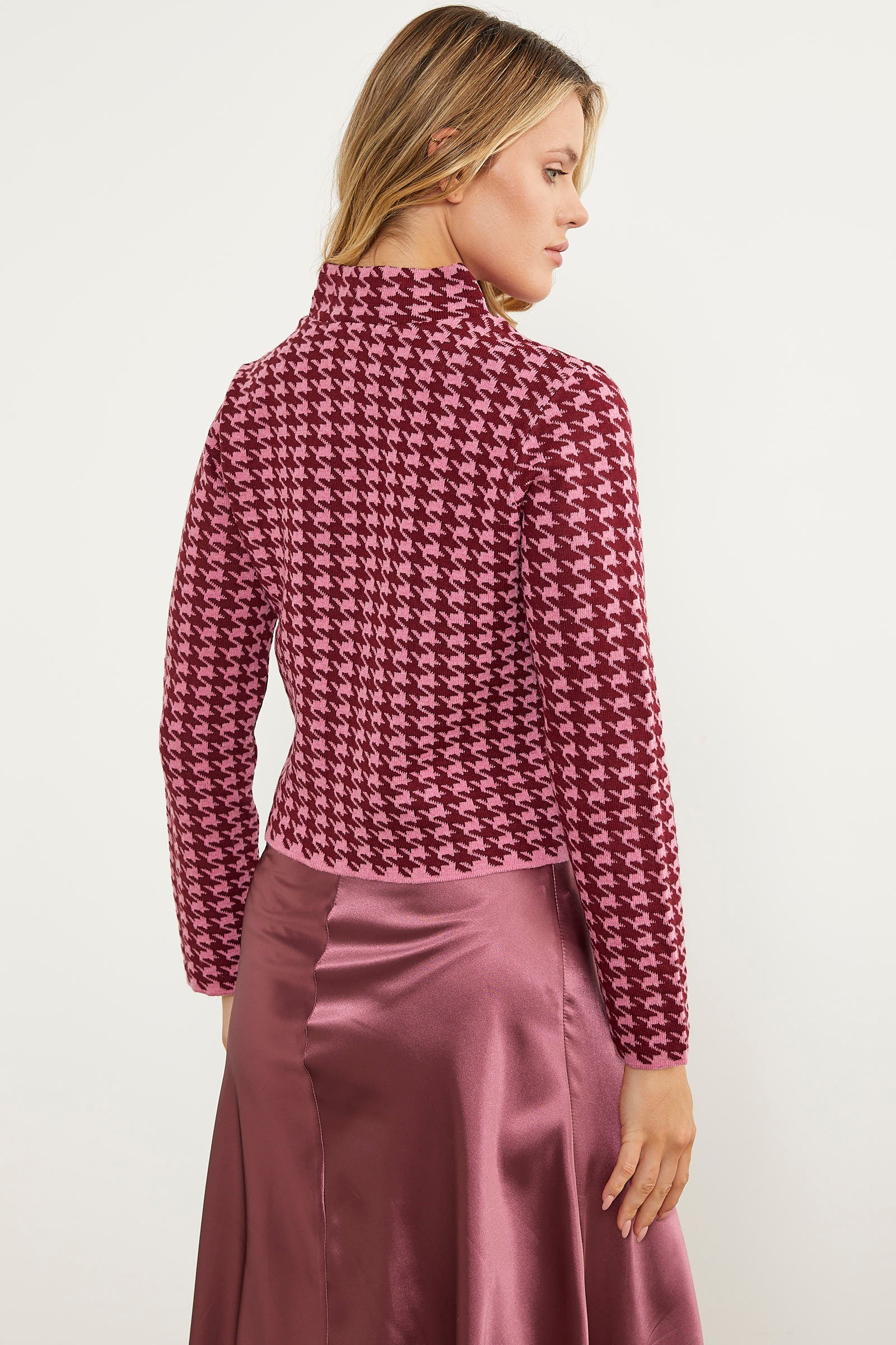 Kazayağı Desenli Dik Yaka Triko Hırka - Pembe (8) Sementa