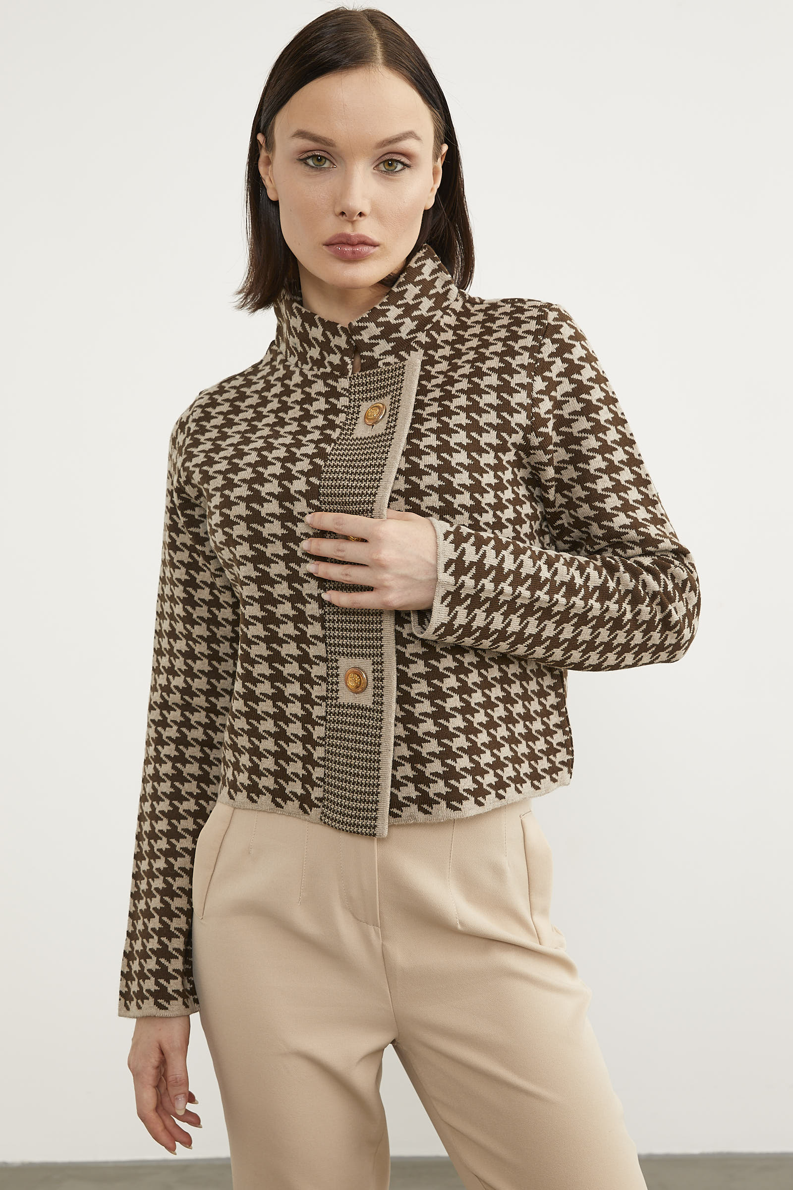 Kazayağı Desenli Dik Yaka Triko Hırka - Vizon (2) Sementa