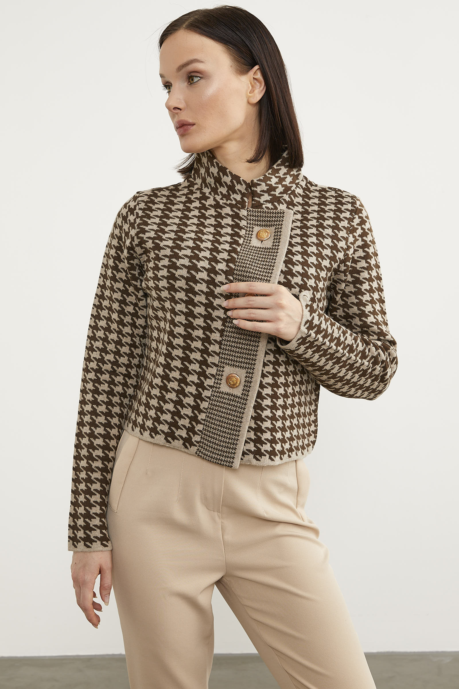 Kazayağı Desenli Dik Yaka Triko Hırka - Vizon (4) Sementa