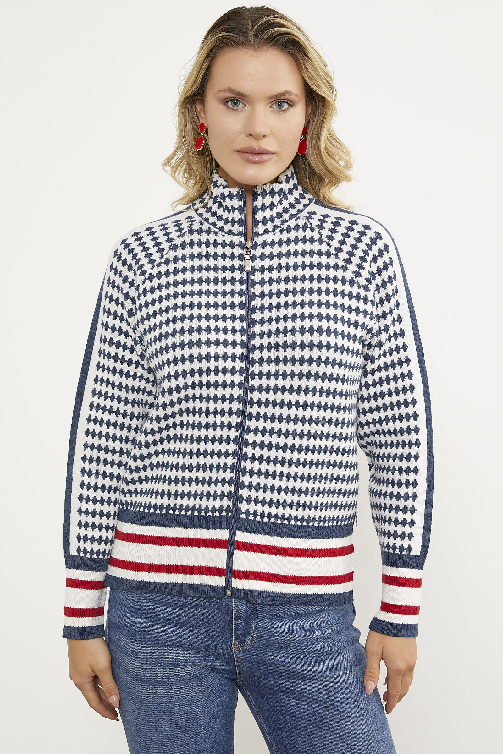 Kazayağı Desenli Fermuarlı Triko Hırka - Indigo (1) Sementa