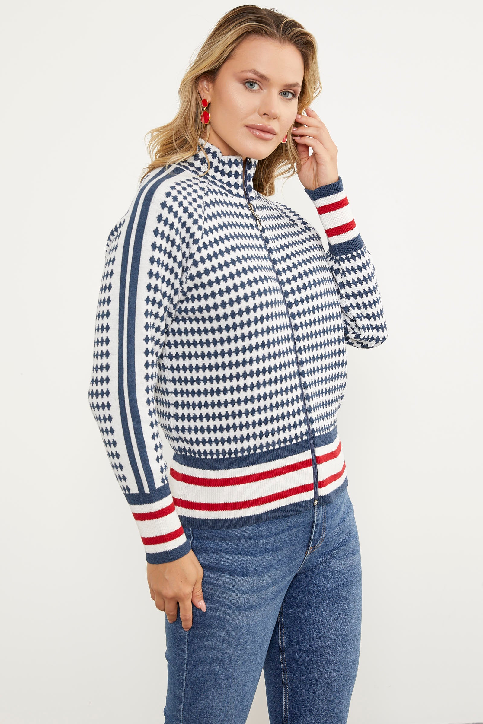 Kazayağı Desenli Fermuarlı Triko Hırka - Indigo (3) Sementa