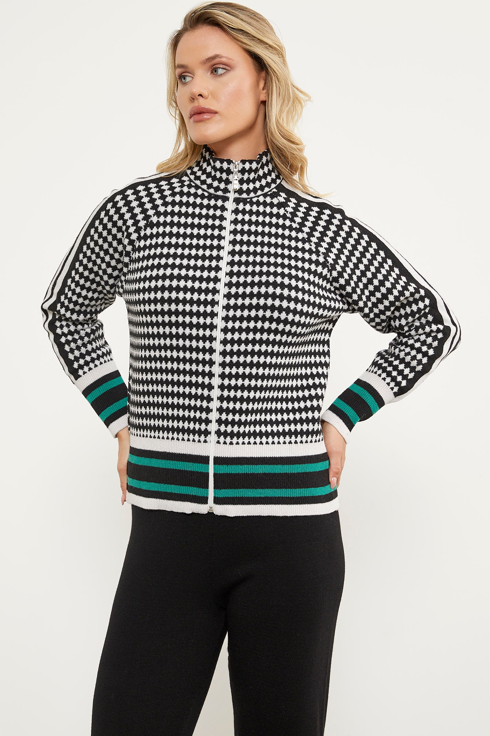 Kazayağı Desenli Fermuarlı Triko Hırka - Siyah (3) Sementa