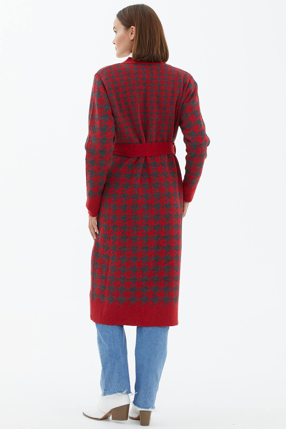 Kazayağı Desenli Uzun Kemerli Triko Hırka - Kırmızı (4) Sementa